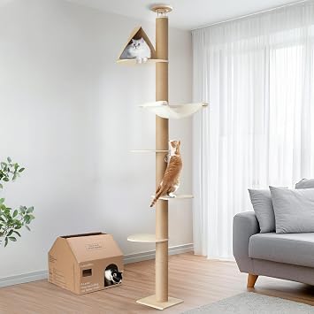 FUKUMARU Floor to Ceiling Cat Tree, 6-10 ft, 6 Level | Thickened Scratching Posts, Cozy Hammock, Cats Activity Center, Beige