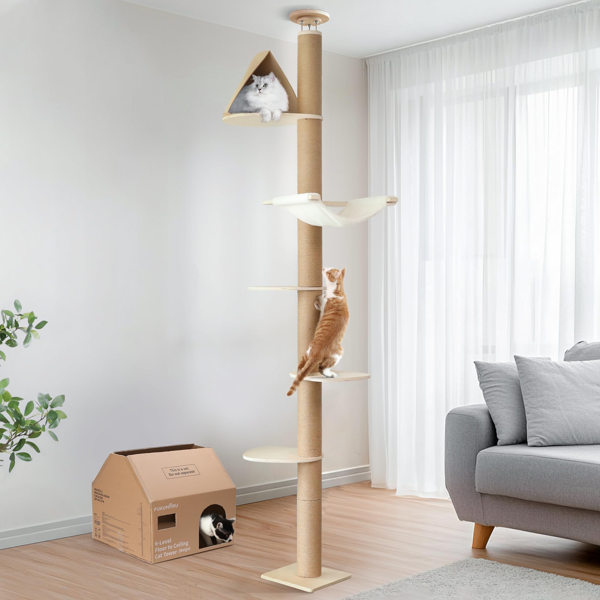 FUKUMARU Floor to Ceiling Cat Tree, 5 Level Adjustable Height (6-10 ft) Climbing Tower with Thickened Scratching Posts, Cats Activity Center with Cozy Hammock - Beige