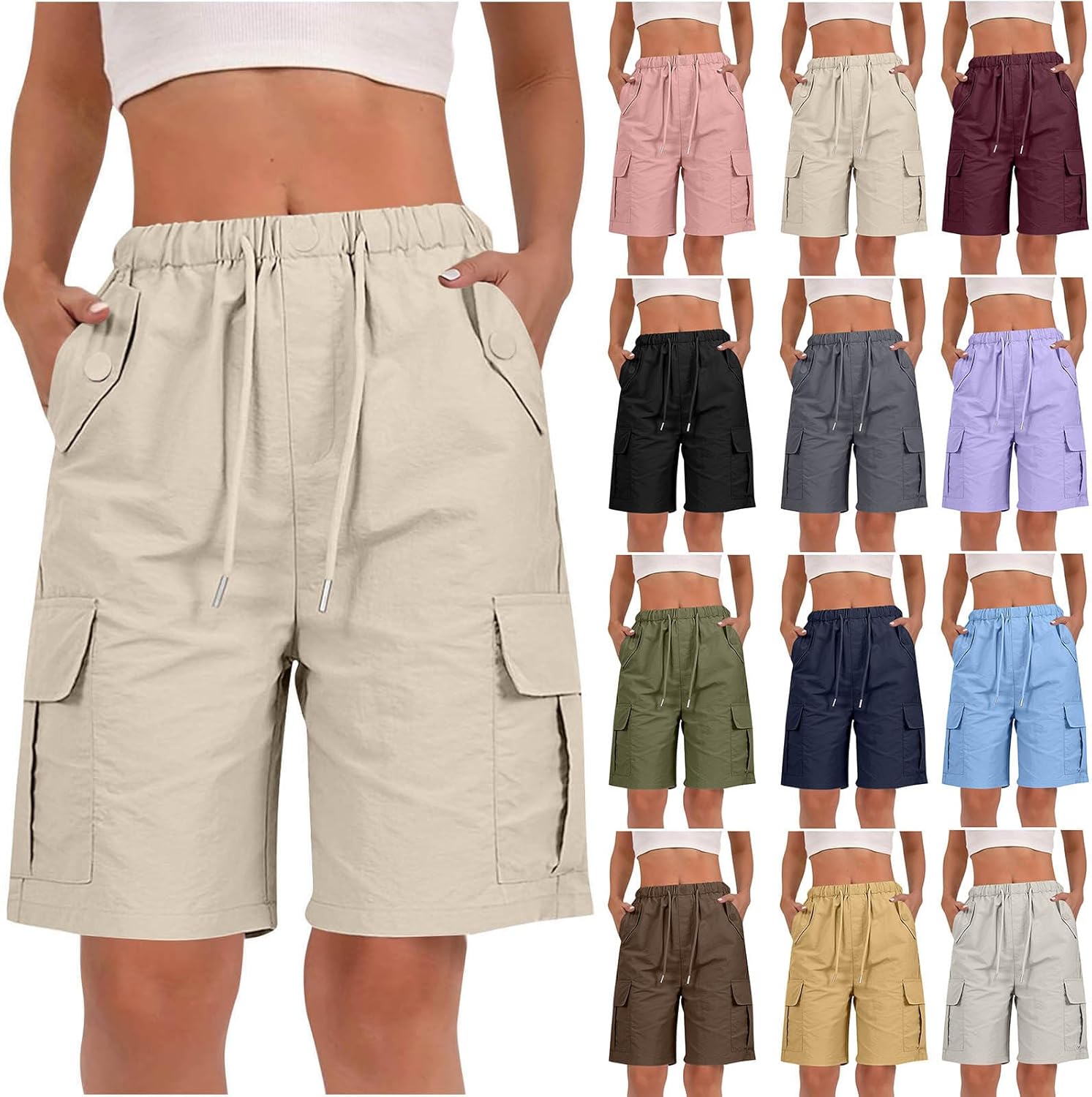 Bermuda Shorts for Women Quick Dry Cargo Short Summer Outdoor Drawstring Knee Length Hiking Shorts with Pockets