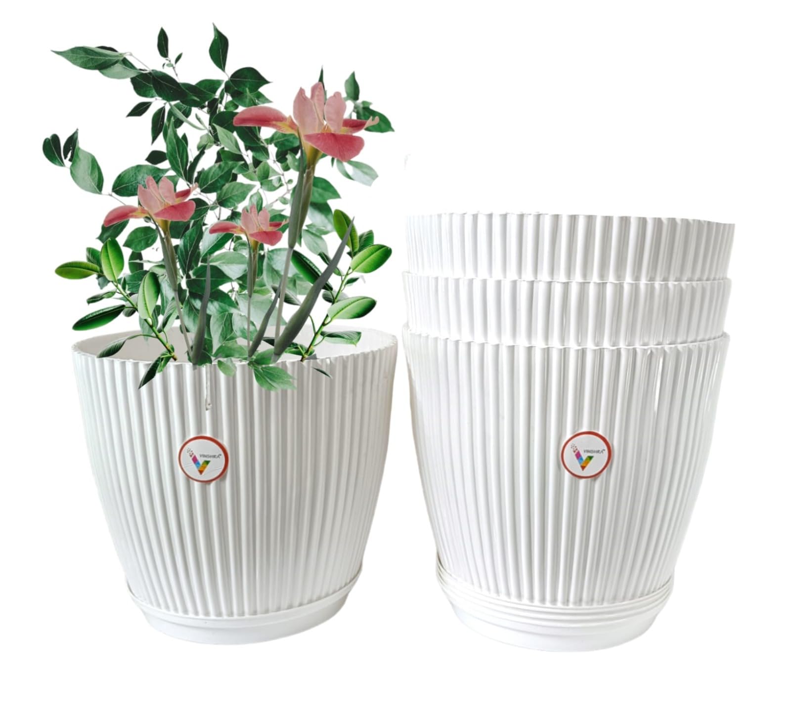 VINSHRA 11 Inch White Round mega Flower Pot with 8 inch Bottom Tray Set of 4/ Indoor & Outdoor Use Pot/Plant Container/planters Round for Terrace/Virgin Plastic Gamla/Solid/uv Treated (B0CGV6P777) Amazon Price History, Amazon Price Tracker