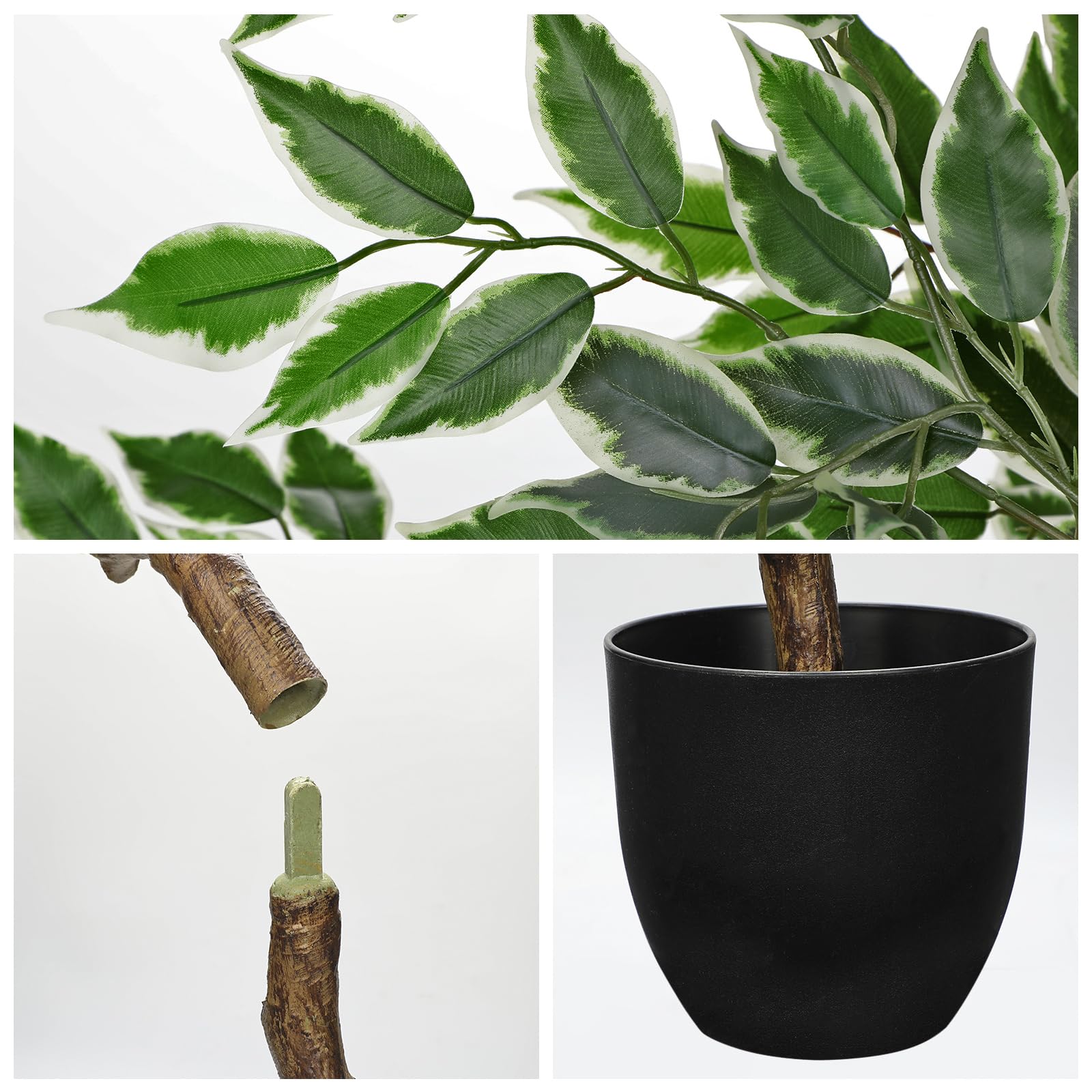 Hollyone Ficus Plante artificielle, 130 cm, grande plante artificielle, comme de vraies plantes en plastique, en pot, vert, blanc, arbre artificiel pour salon, bureau, jardin