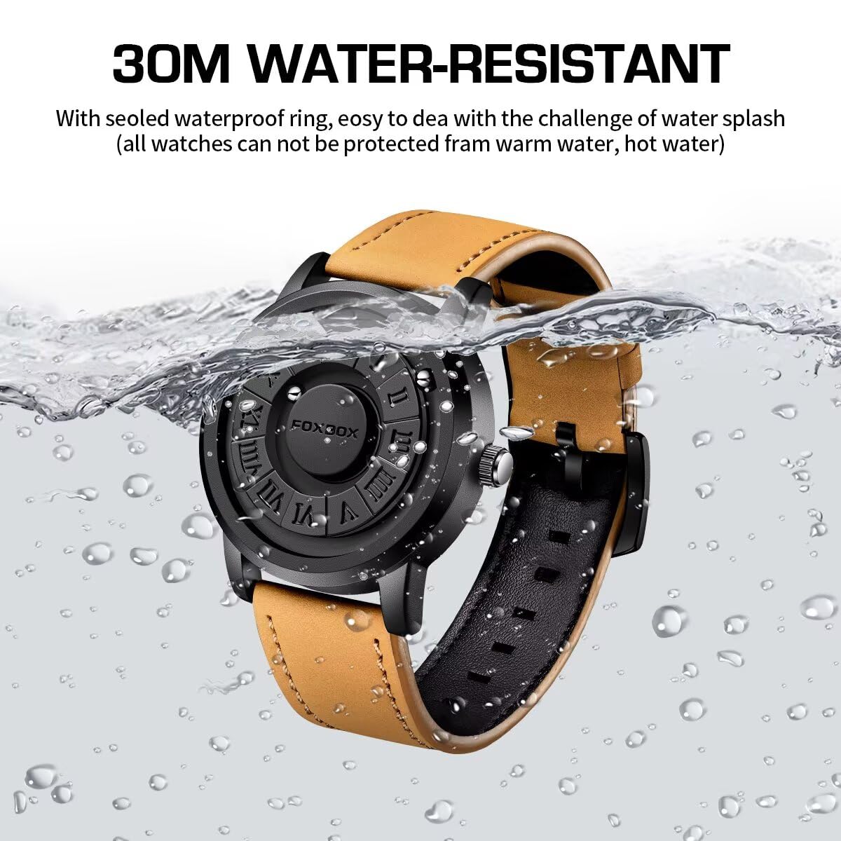 SACOSDING Magnetic Floating Ball Pointer Quartz Analog Watch partially submerged in water, illustrating 30M water resistance