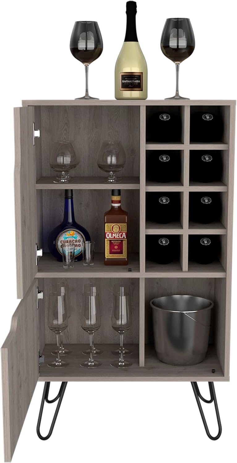 Tuhome Manhattan L Bar Cabinet with Eight Built-in Wine Cubbies, Dual Single-Door Storage Cabinets, Integrated Stemware Rack, Modern Entertaining Bar Unit for Liquor Display, Glassware Organization.