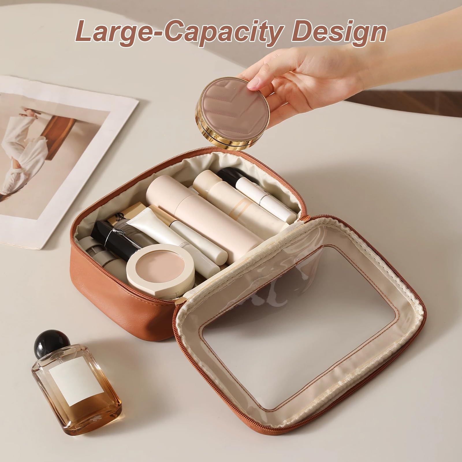 Borsa da Toilette da Viaggio, Borsetta Trasparente Impermeabile, Ampia Apertura con Cerniera, Compatta e Portatile, Ideale per Riporre I Prodotti da Viaggio a Lunga Distanza(Brown)
