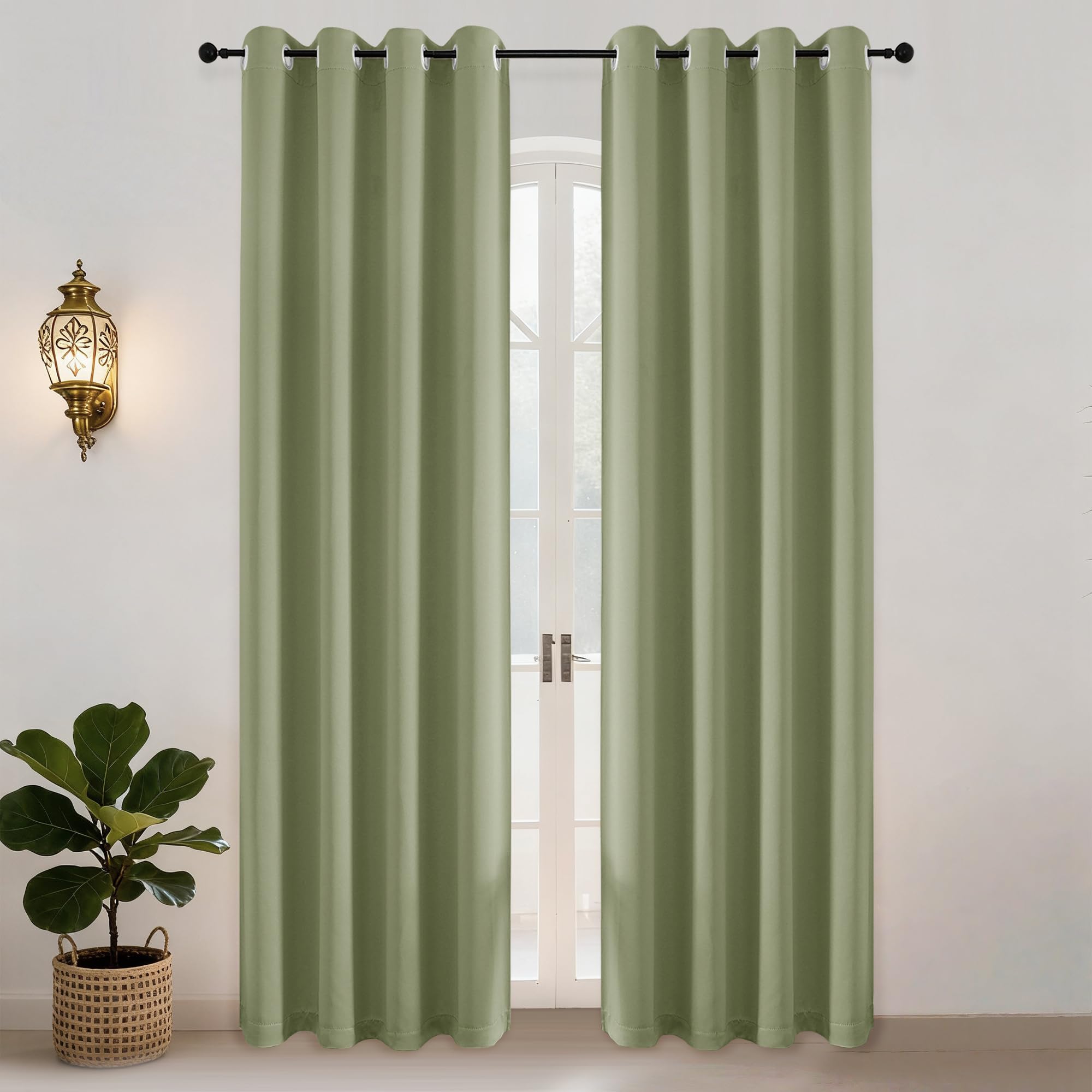 Simplebrand Sage Green Blackout Eyelet Curtains for Living Room 229 cm Length 2 Panels Set, Solid Thermal Insulated Privacy Door Curtains Thermal Window Black Out Drapes for Bedroom