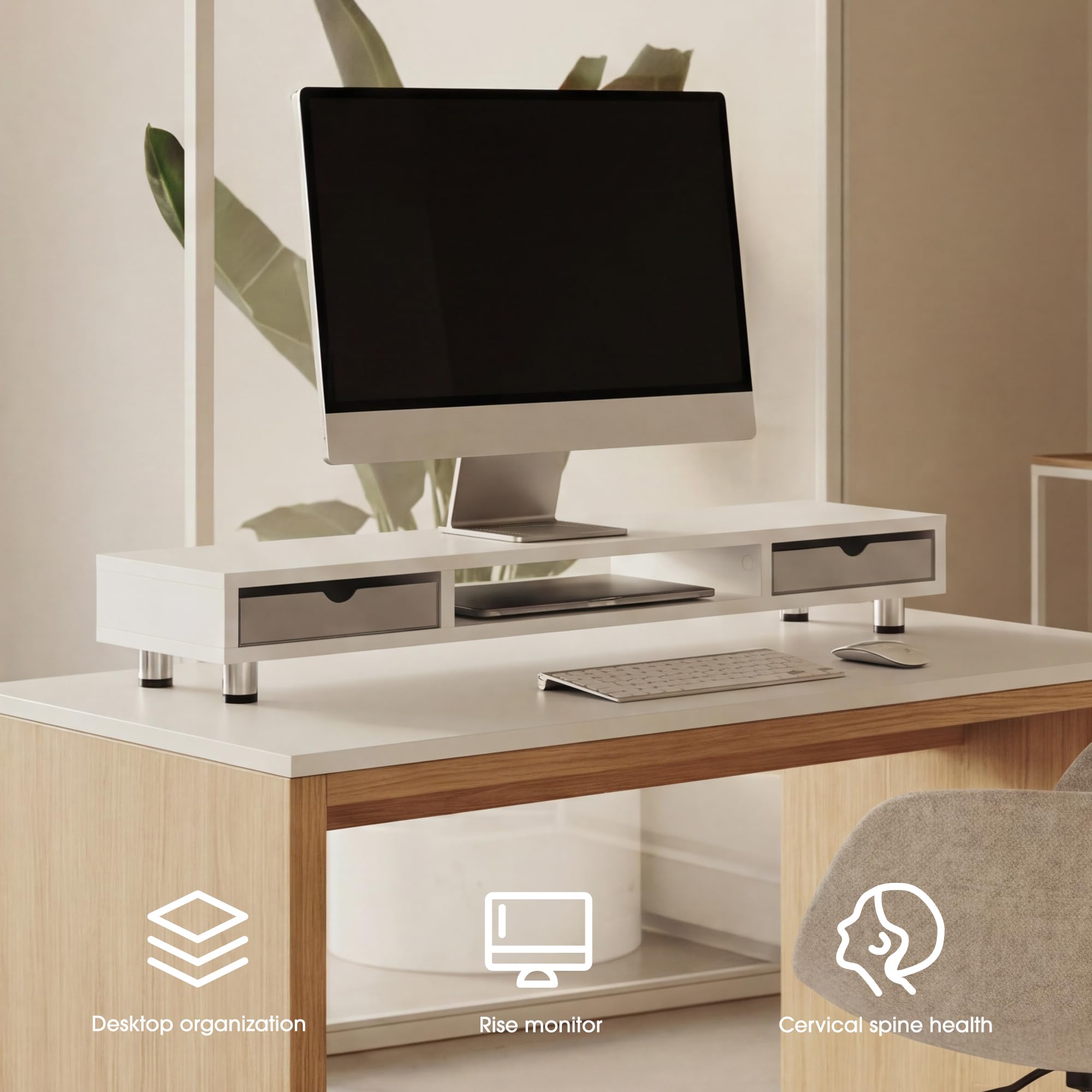 Fenge Podwójny podnośnik monitora 108cm, z 2 szufladami, biały