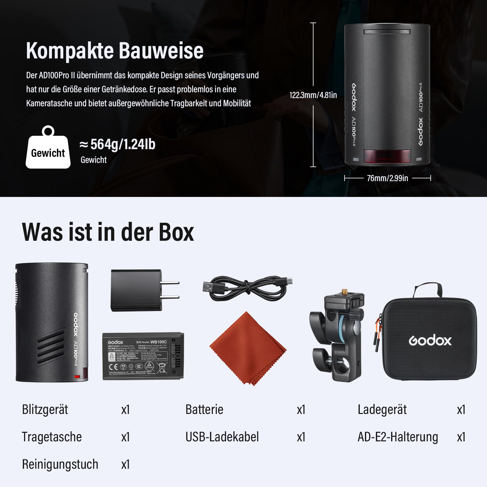 GODOX AD100ProII Flash Kit 100Ws 2.4G Wireless HSS 1/8000s USB-C Ricarica 2850mAh Batteria LED