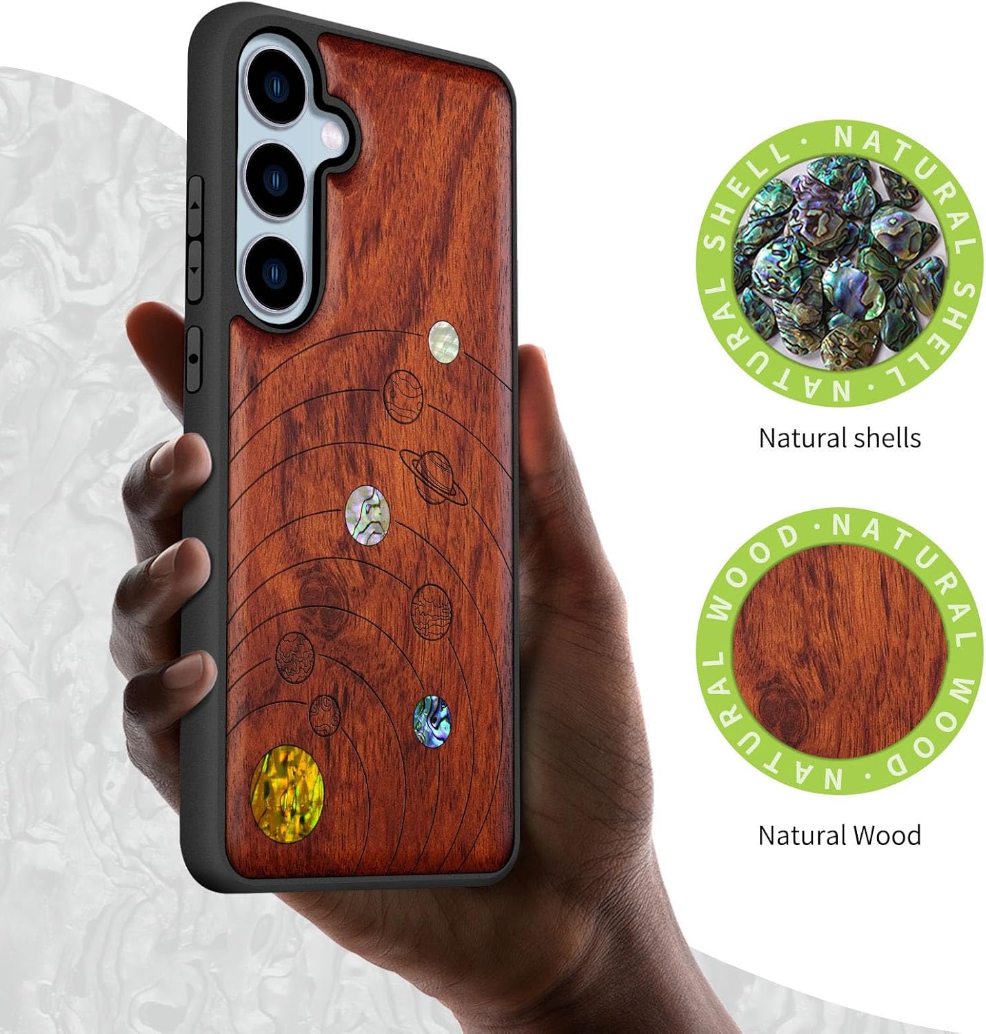 Carveit Designer Wooden Case for Samsung Galaxy S24 FE Case [Wood Engraving & Shell Inlay] Compatible with Wireless Chargers S24 FE Cover (Solar System-Rosy)