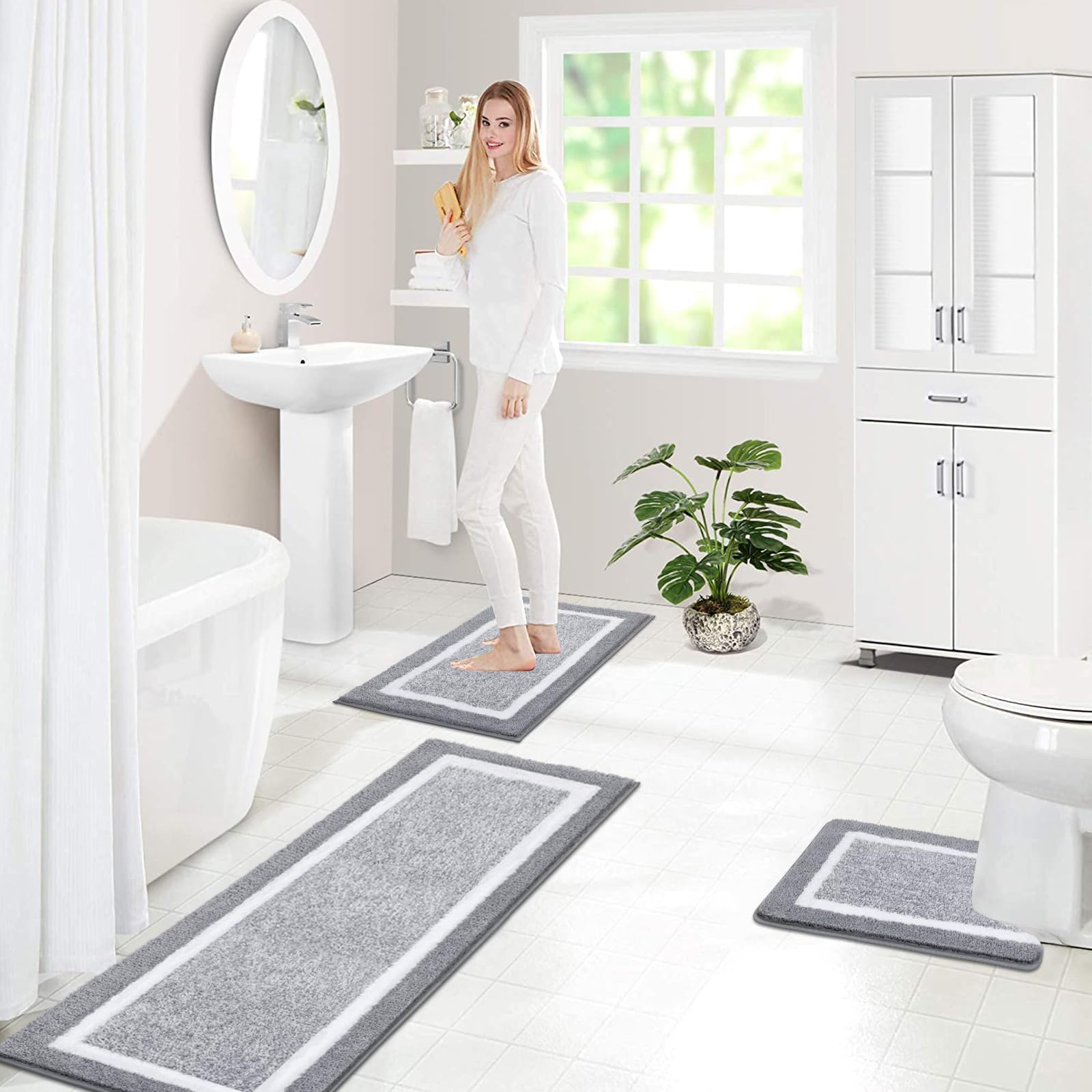Pauwer Tappeto Bagno 3 pezzi, Morbido Tappeto Doccia Super Assorbente, Tappetino Bagno Antiscivolo, Lavabile in Lavatrice, Peloso Tappetino Doccia in Microfibra, a Forma di U, Tappetini Bagno per Wc