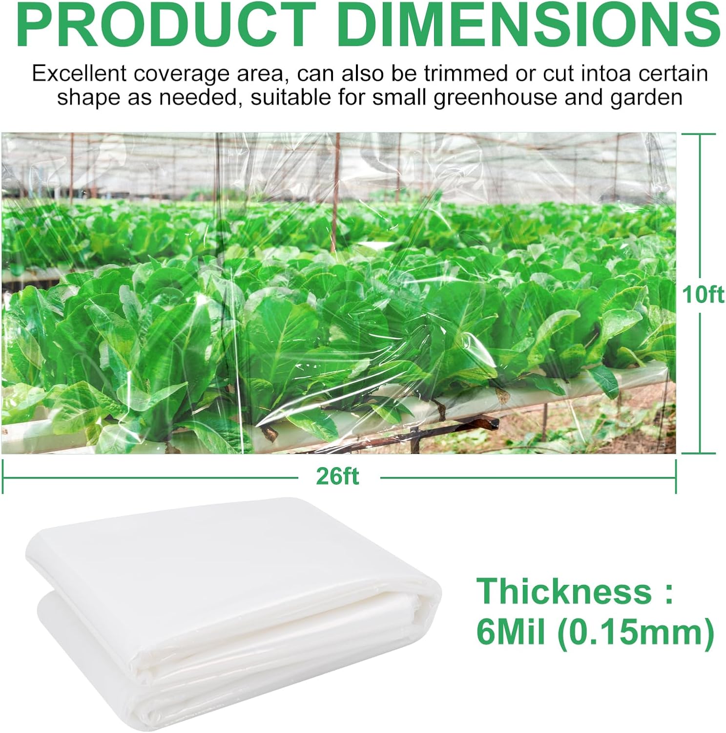 Greenhouse Film, 6 mil Thickness Covering Plastic, Greenhouse Polyethylene Film, UV Resistant Farm Clear Plastic Film Sheeting Cover, Plant Cover Sheeting (10ft x 26ft)