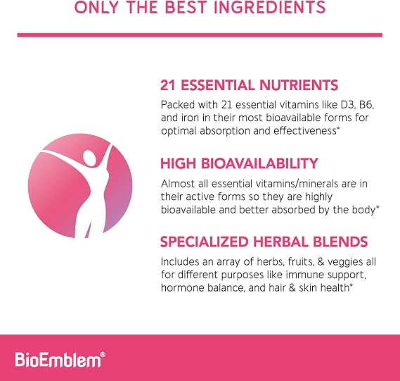 BioEmblem Women's Multivitamin - 21 Active Vitamins & Minerals - 90 Caps | Complete Daily Multi With Vitamin A, B12, B6, D3, Magnesium & Veggie Blends For Immunity, Energy, Hair, Skin Support