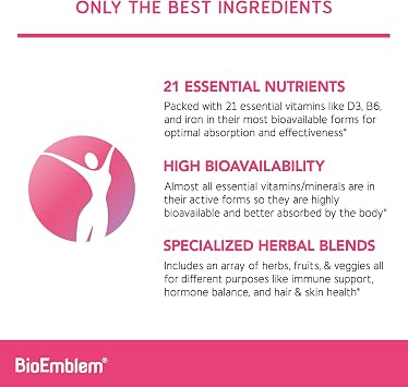 BioEmblem Women's Multivitamin - 21 Active Vitamins & Minerals - 90 Caps | Complete Daily Multi With Vitamin A, B12, B6, D3, Magnesium & Veggie Blends For Immunity, Energy, Hair, Skin Support