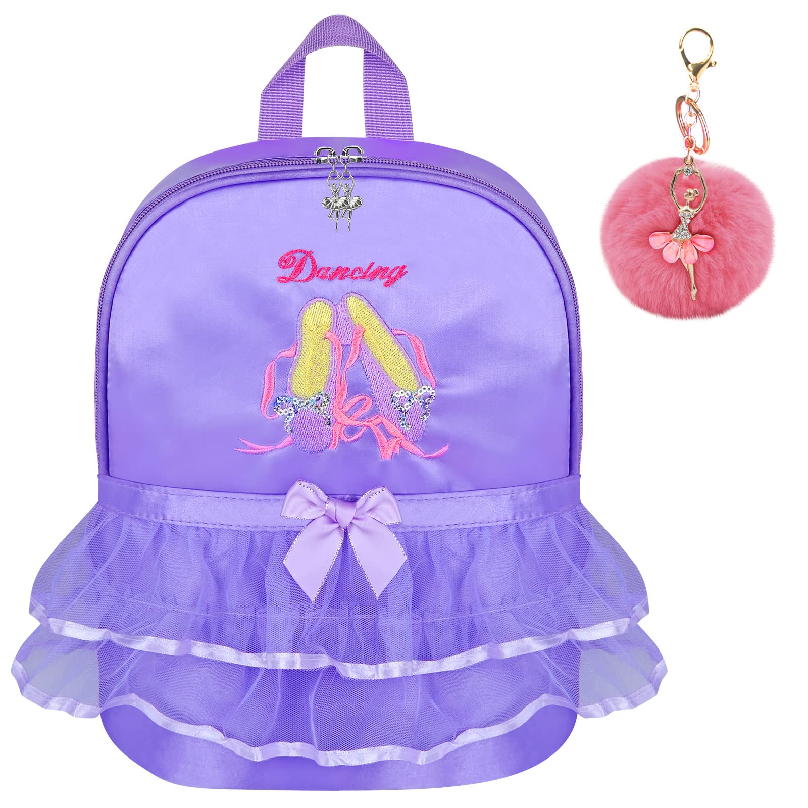 KingBig Cute Ballet Dance Backpack, Embroidered Girl Waterproof Dance Bag, Comes with Dance Girl Plush Ball Keychain (Purple)
