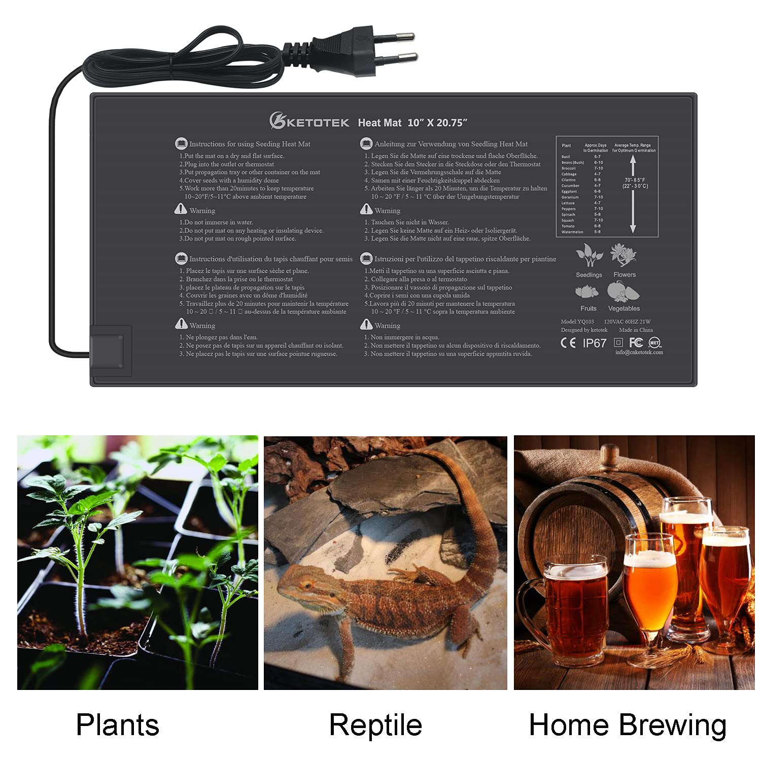 KETOTEK Manta Termica Semillas Plantas 220V Alfombra Termica Manta Calefactora para Semilleros Germinación Invernadero Impermeable 230V 21W