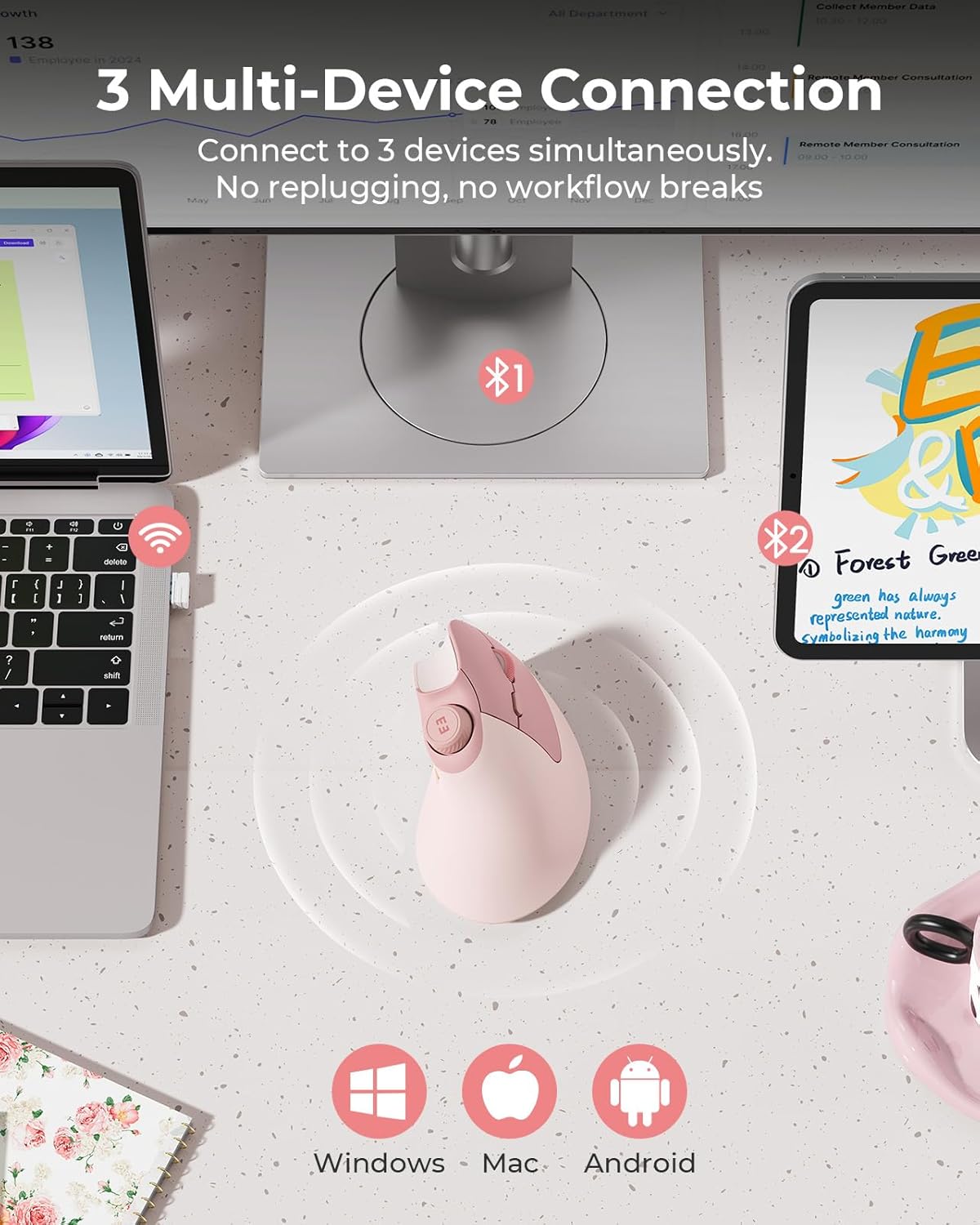 seenda Ergonomic Mouse Wireless, MOU-302 Bluetooth Vertical Mouse Rechargeable, Volume Knob, Quiet Mice with 1000/1600/2400 DPI, 3 Multi-Device Connectivity for Computer/PC/Laptop/Mac, Pink
