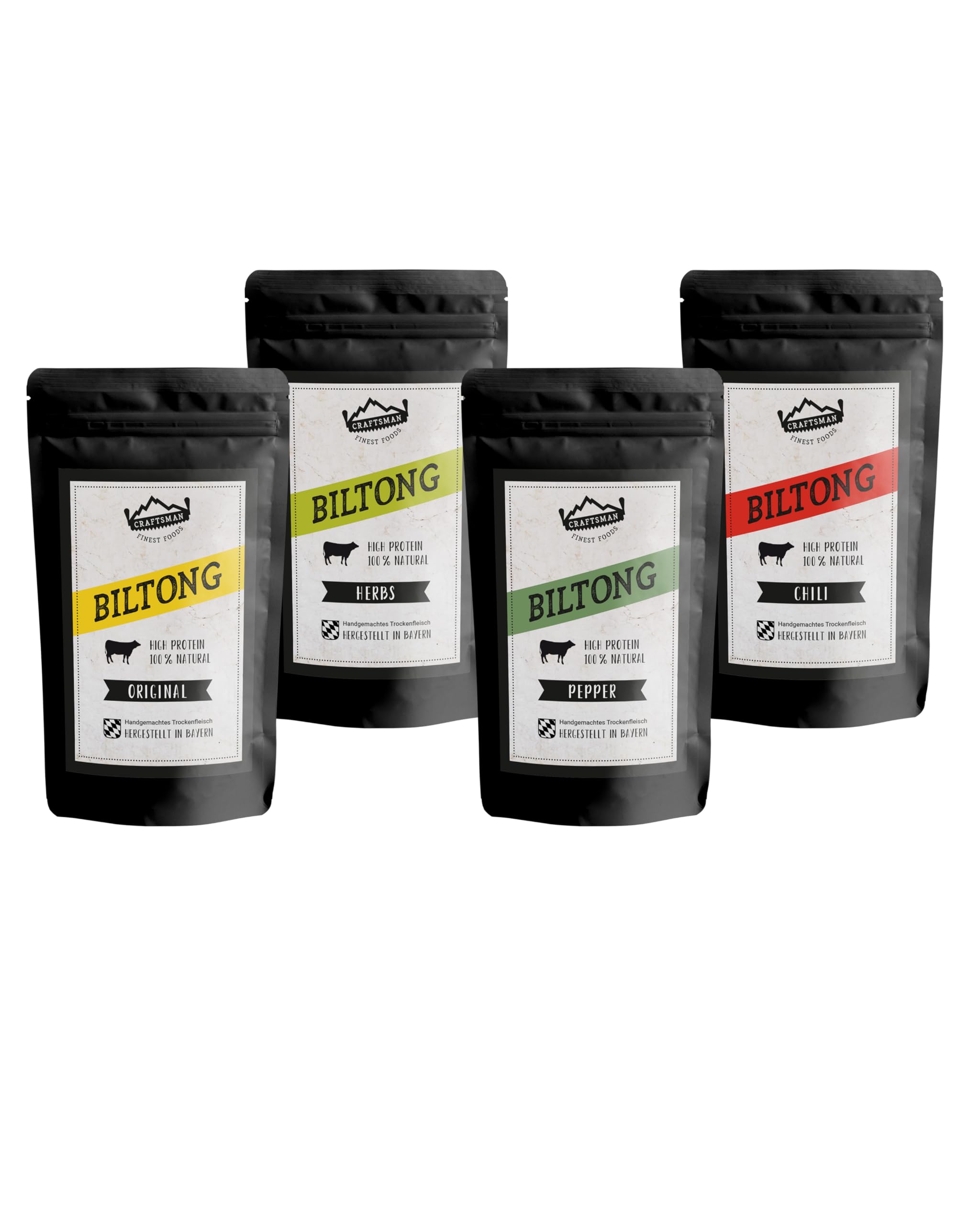 Craftsman Biltong Trockenfleisch Probierpack 200g (4x50g) natürlich Mix Set | 100% natürlich, Beef Jerky Mix aus Deutschland - Bayern, Ohne Zucker, Original, Chili, Pepper, Herbs, Rezept aus Namibia