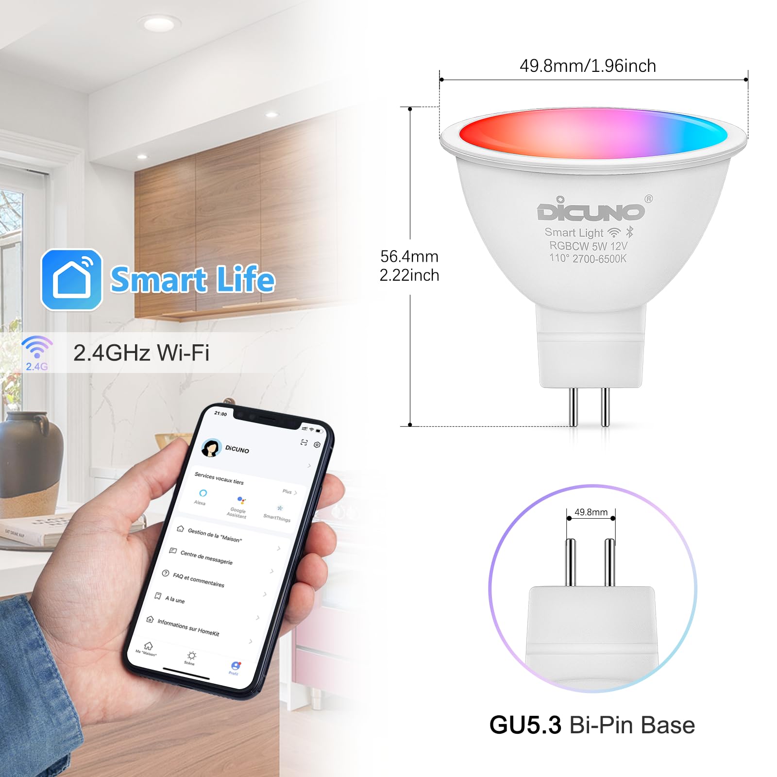 DiCUNO MR16 Smart Bulb 5W, GU5.3 LED WiFi Light, AC/DC 12V, 40W Equivalent, Compatible with Alexa, Google Home - Image 4