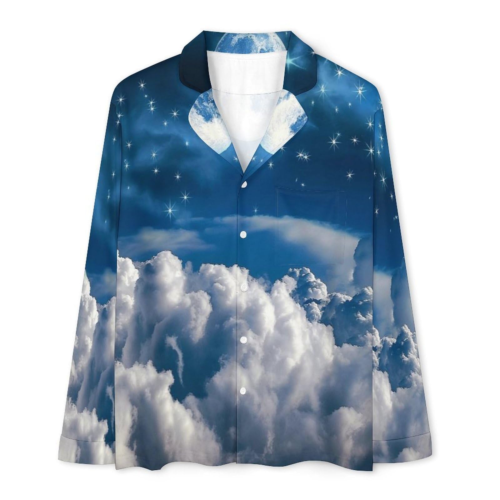 Pigiama da Uomo in Luna Piena nel Cielo Notturno, Due Pezzi Set Completo con Camicia a Maniche Lunghe Bottoni e Pantaloni con Tasche Abbigliamento Casa Blu Scuro