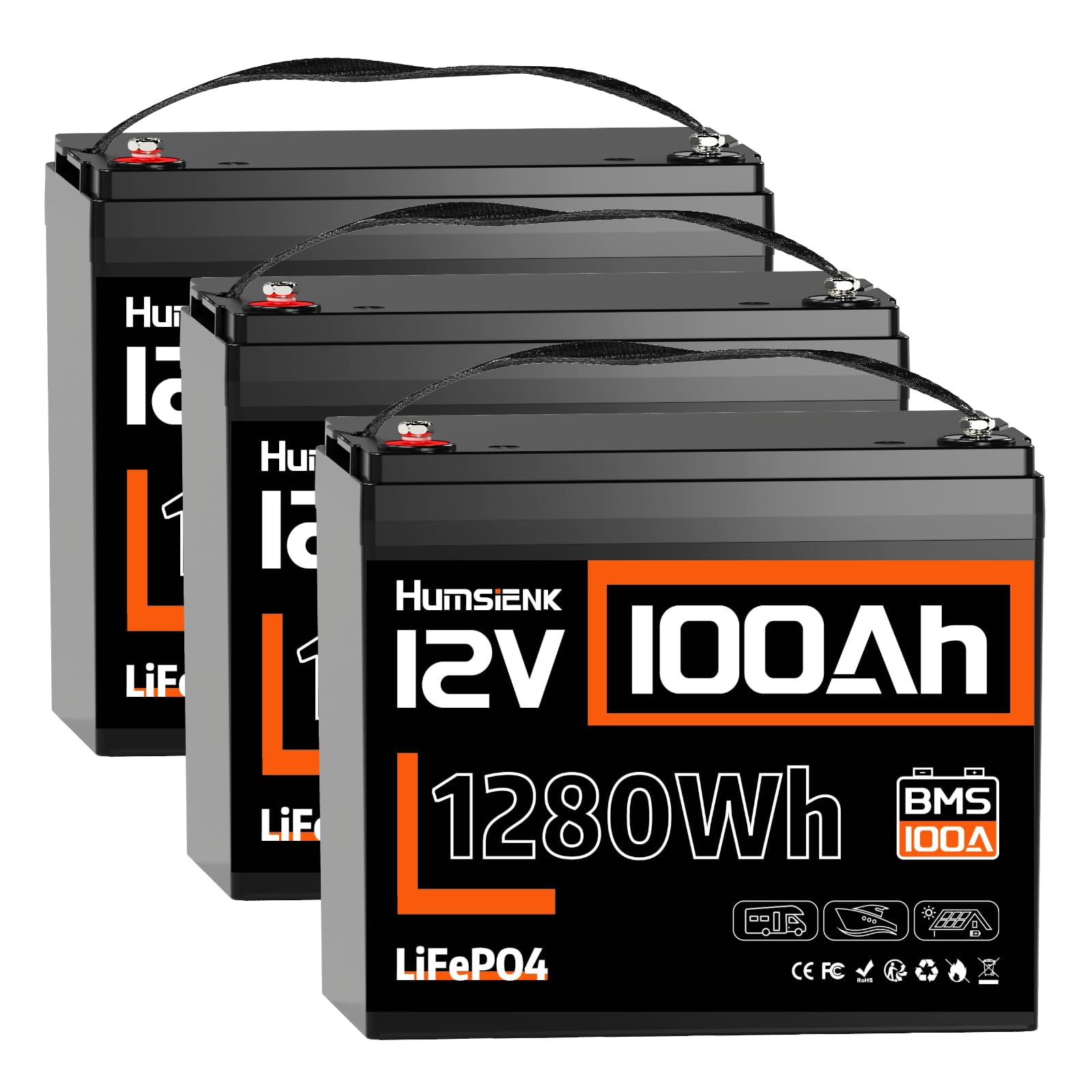 HumsiENK Lot de 3 Batteries Lithium LiFePO4 12V 100Ah, 1280Wh avec BMS Intelligent 100A, 15000 Cycles, Longue Durée 10 Ans, pour Camping-Car, Stockage Énergie Solaire, Systèmes Hors Réseau et Bateaux