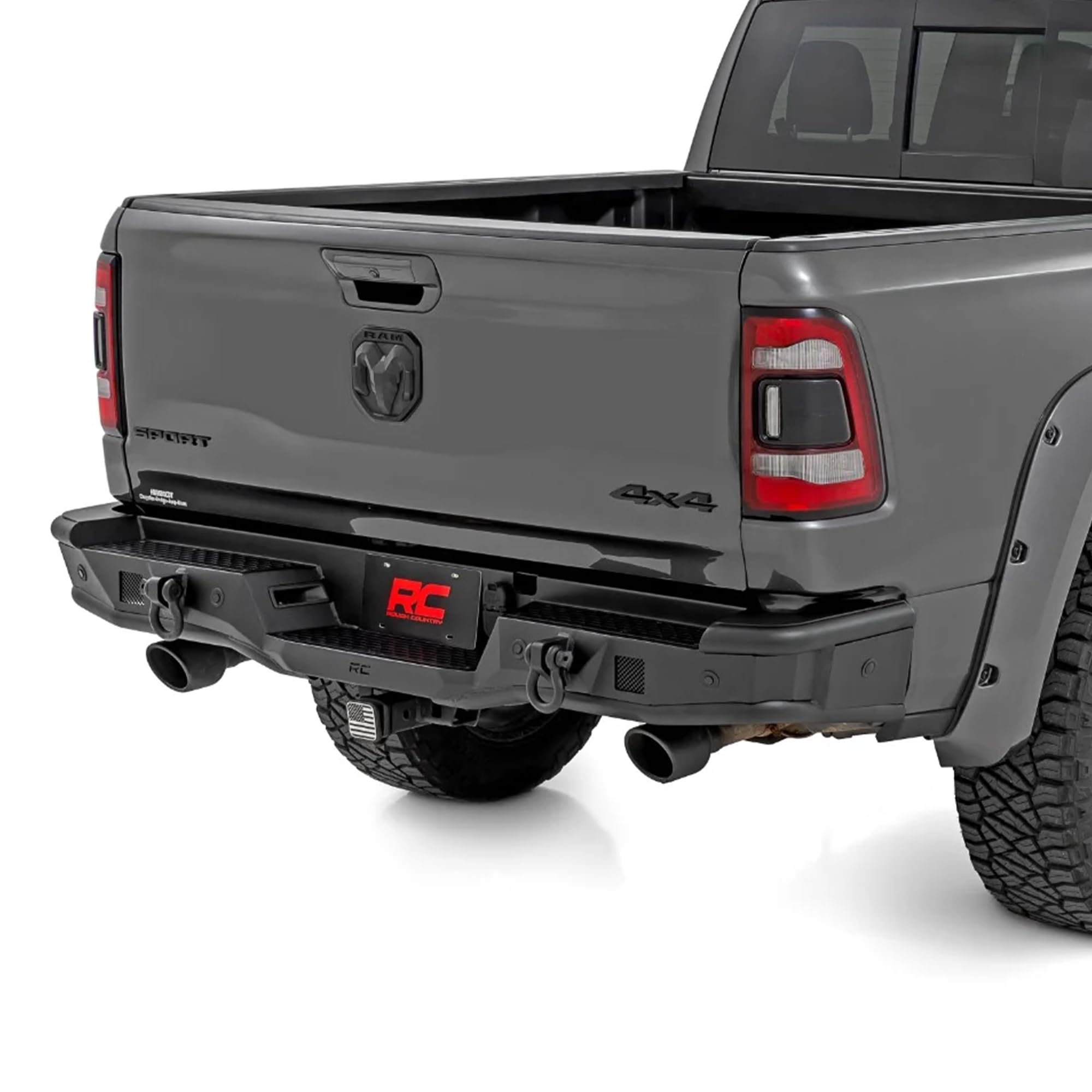 Rough Country Tubular Rear Bumper for Ram 1500 2WD/4WD (2009-2024) - Built-in Towing D-Rings, High-Clearance Off-Road Bumper with LED Light Mounts
