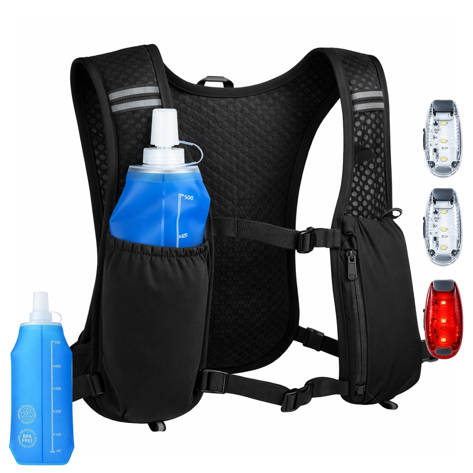 LED Running Vest with 500ml Water Bottle, Reflective Hydration Vest with 3 Pockets, Lightweight Adjustable Running Backpack for Women Men,Perfect for Night Trainings Marathon Cycling Climbing