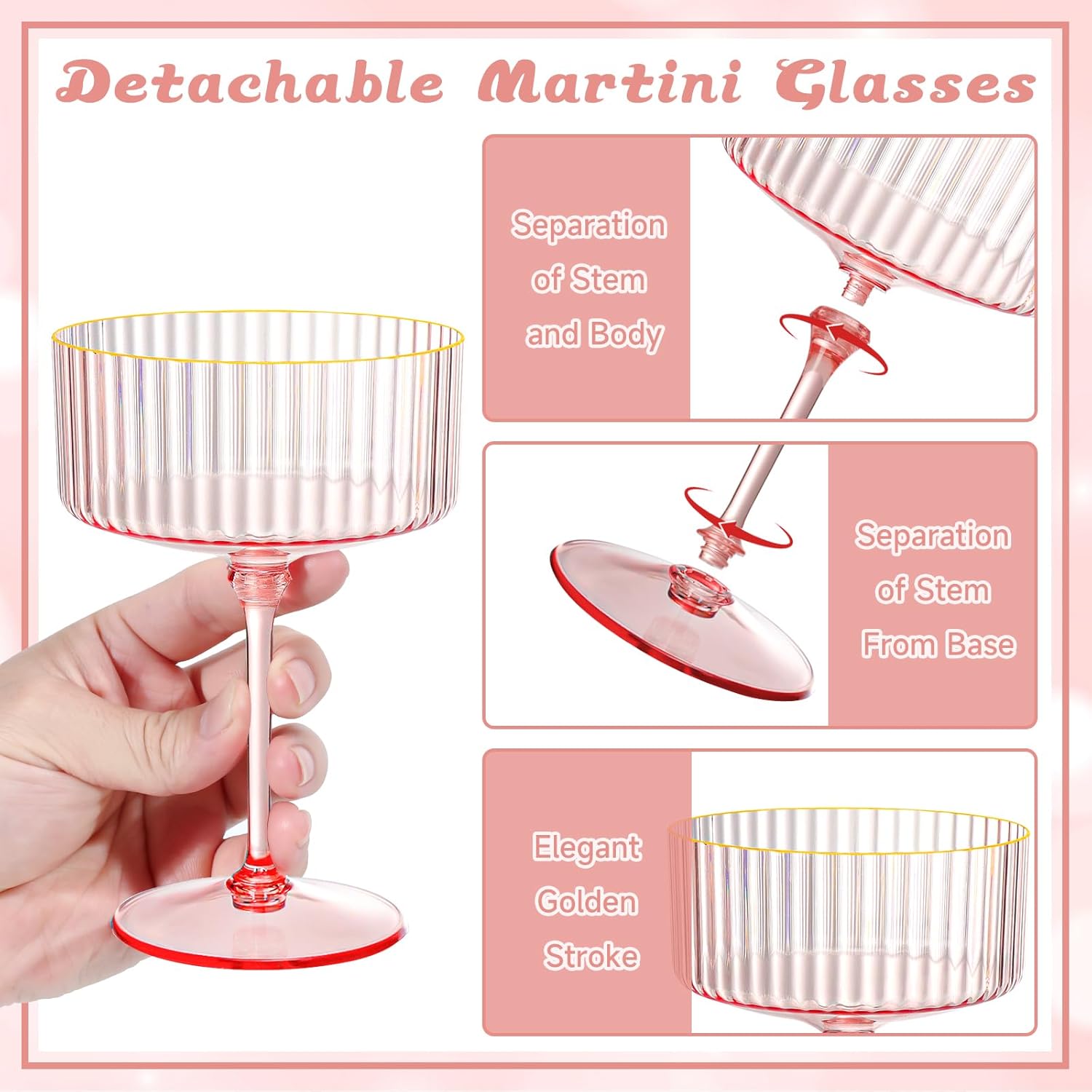 XUWAIDSGN 24 Pcs Champagne Martini Glasses 9 Oz with Gilded Removable Gold Rim Coupe Glasses Pink Martini Glasses Plastic Mimosa Vintage Coupe Glasses Set For Wedding Anniversary (24, Ribbed Pink)