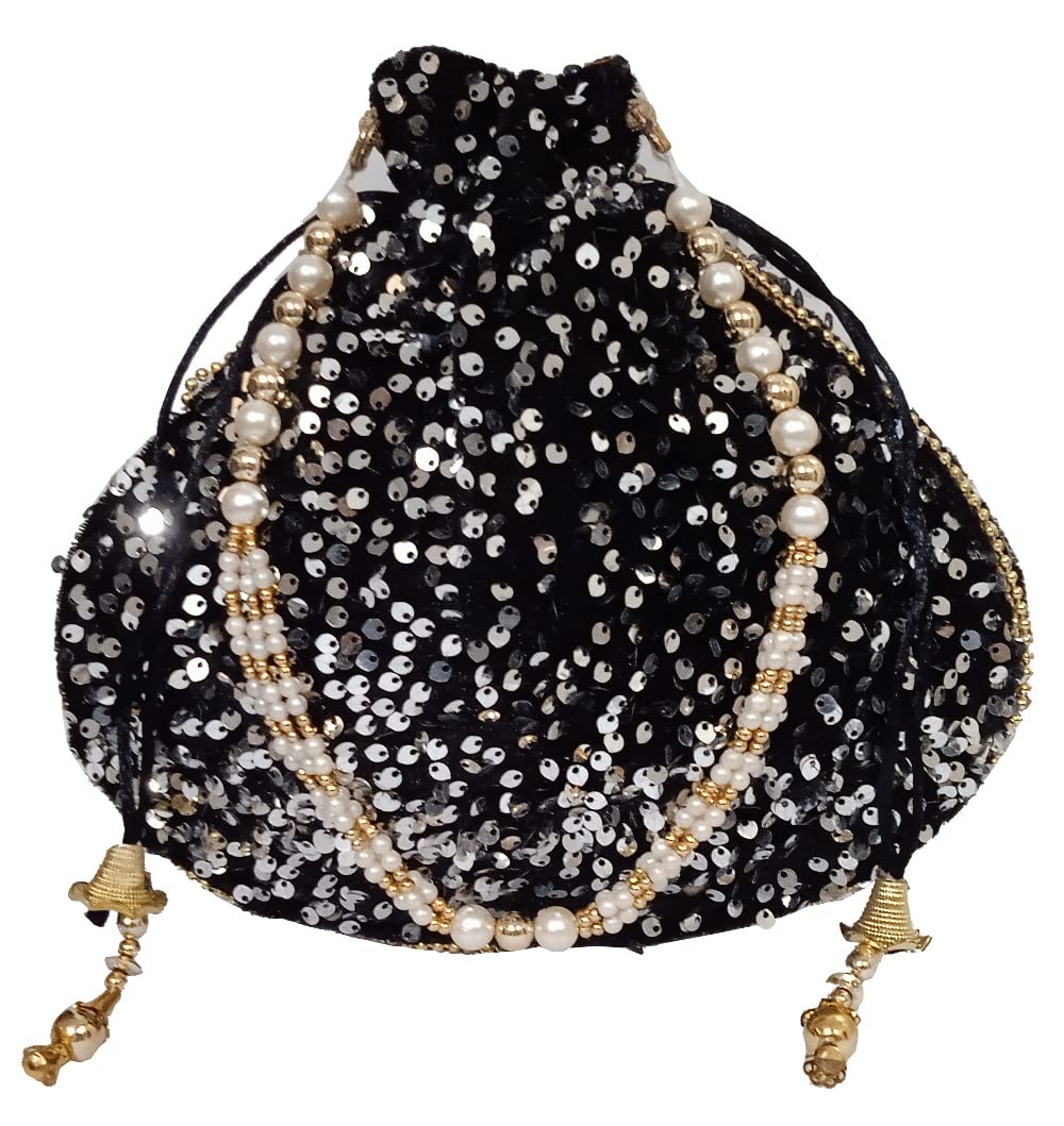 PurpledipPotli Bag (Clutch, Drawstring Purse) For Women With Intricate Gold Thread & Sequin Embroidery Work