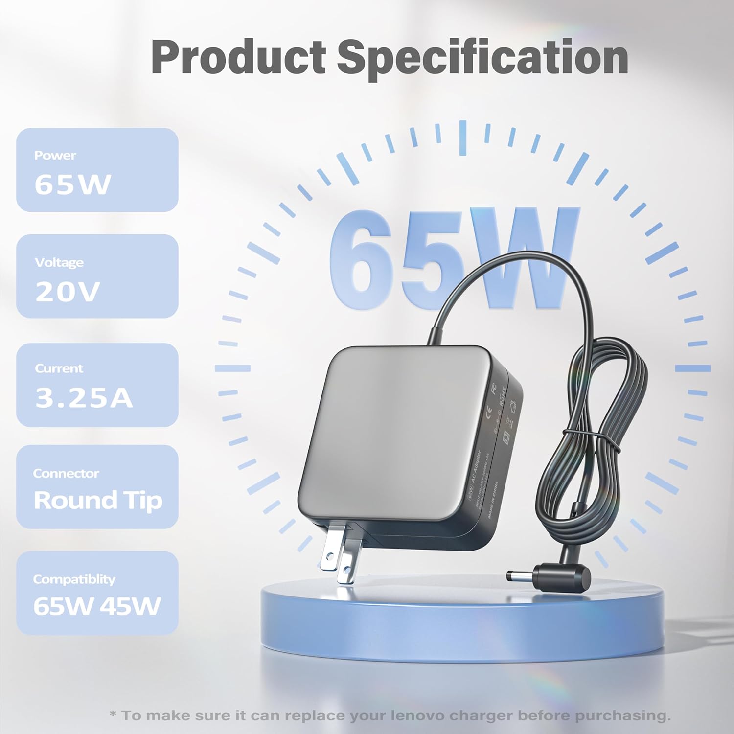 65W Ac Adapter Power Cord Compatible with Lenovo IdeaPad 100S 110 110S 120 120S 310 320 330S S340 510 710S, Flex 4 1470 1580 1130 Flex 5 1570 1470 ADL45WCC ADLX65CCGU2A PA-1450-55LL Laptop Charger - Image 4