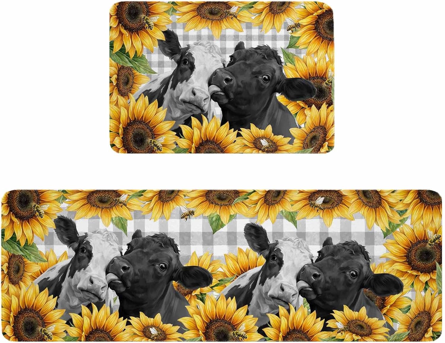 Sunflower Cows Kitchen Rugs and Mats Set of 2, Non-Slip Kitchen Sink Mat, Yellow Floral Botanical Summer Grey Plaid Washable Doormat Bathroom Rugs Runner for Bedroom/Living Room 17.7"x30"+17.7"x47.2"