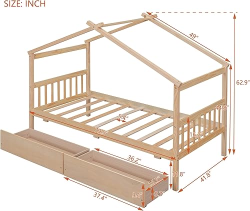 Miniatura 204 de Merax Cama de madera de tamaño matrimonial con nido, marco de cama de madera con techo para niños, adolescentes, niños o niñas, color blanco