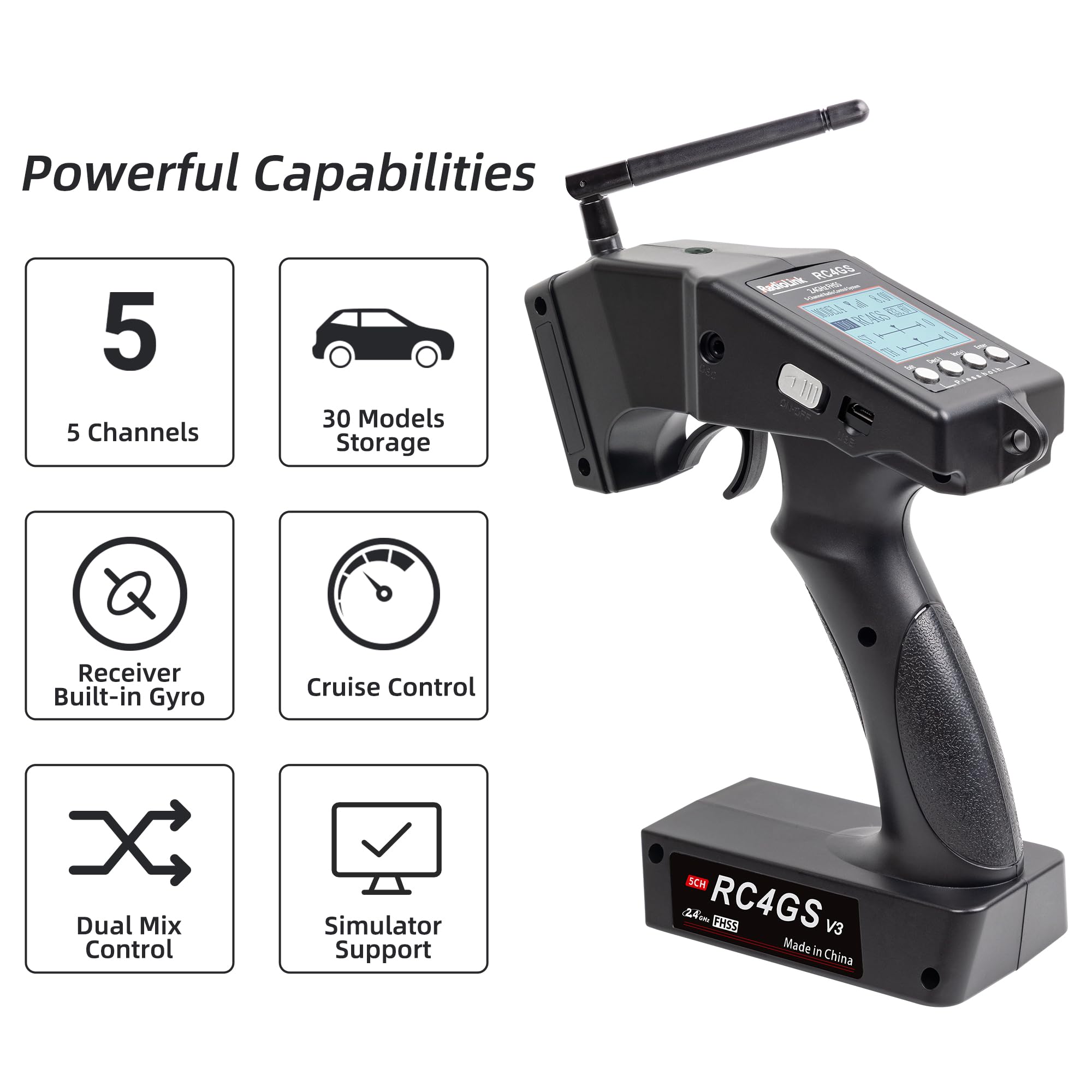 Radiolink RC4GS V3 Emisora RC Mando de 5 Canales y Receptor giroscópico R6FG Controlador de Radio de Superficie de 2.4 GHz Emisora con Receptor RC