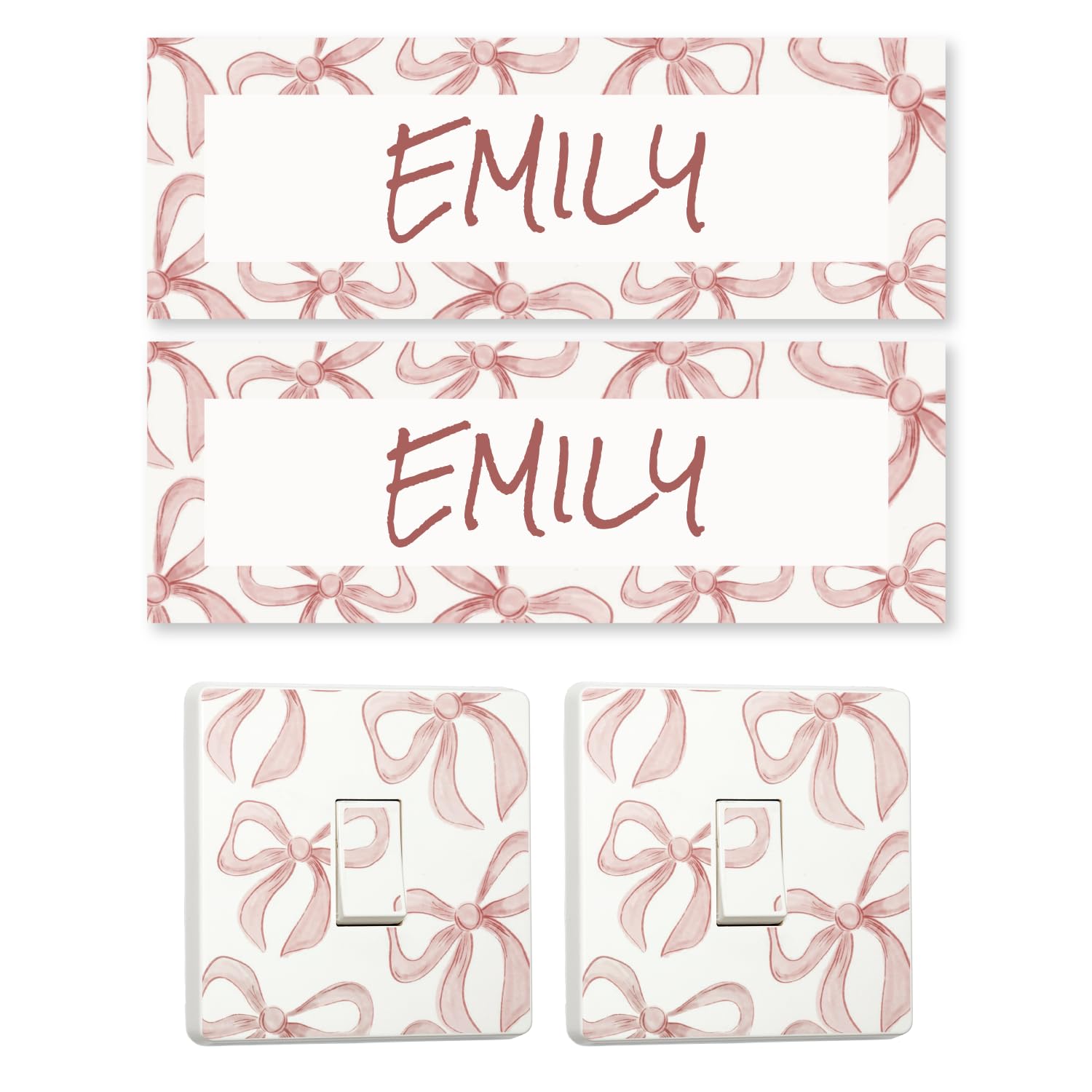 stika.co Pink Bow Girls Room Decor Set - Light Switch Sticker, Wall Decals, Door Name & Alphabet Designs - Decorations for Bedrooms, Nurseries, Playrooms (Personalised Set, Self-Adhesive Vinyl)