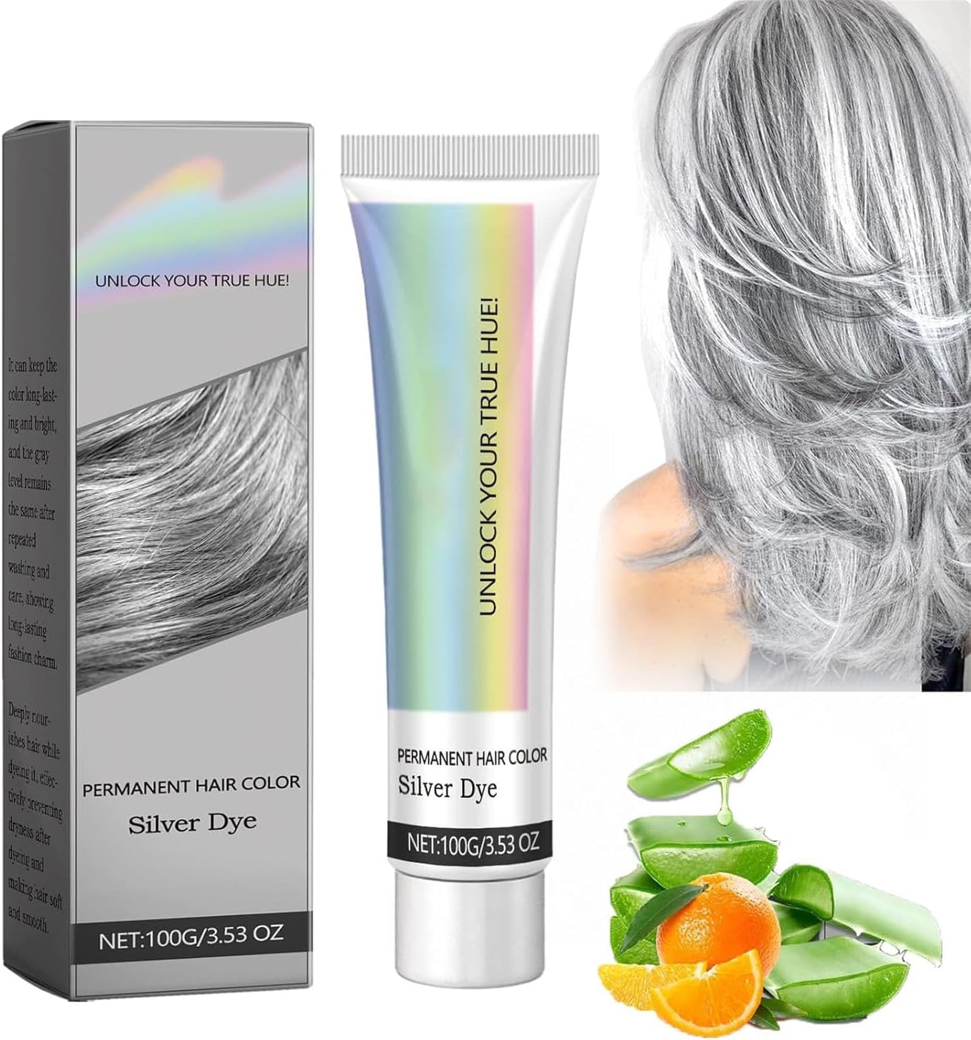 - 2 in 1 Natural Essence Extract Silver Hair Dye, Silver Metallic Hair Dye, Silver Gray Natural Hair Dye Cream, Fashion Silver Gray Hair Dyes Permanent for Women Men (1 Pcs)