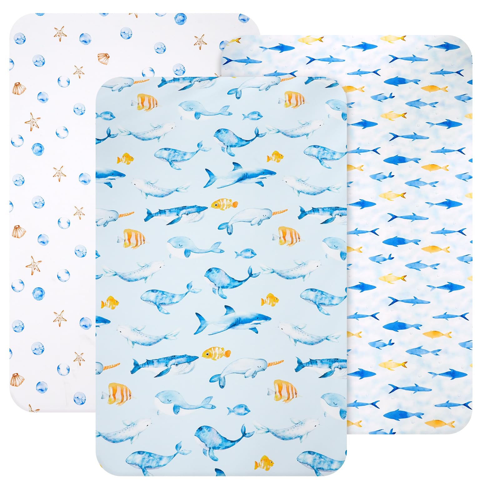 david's kids 3 Pack Mini Crib Sheets, Soft Breathable Premium Pack N Play Sheets for Baby Boys Girls Neutral, Playard and Mini Crib Mattresses, Whale