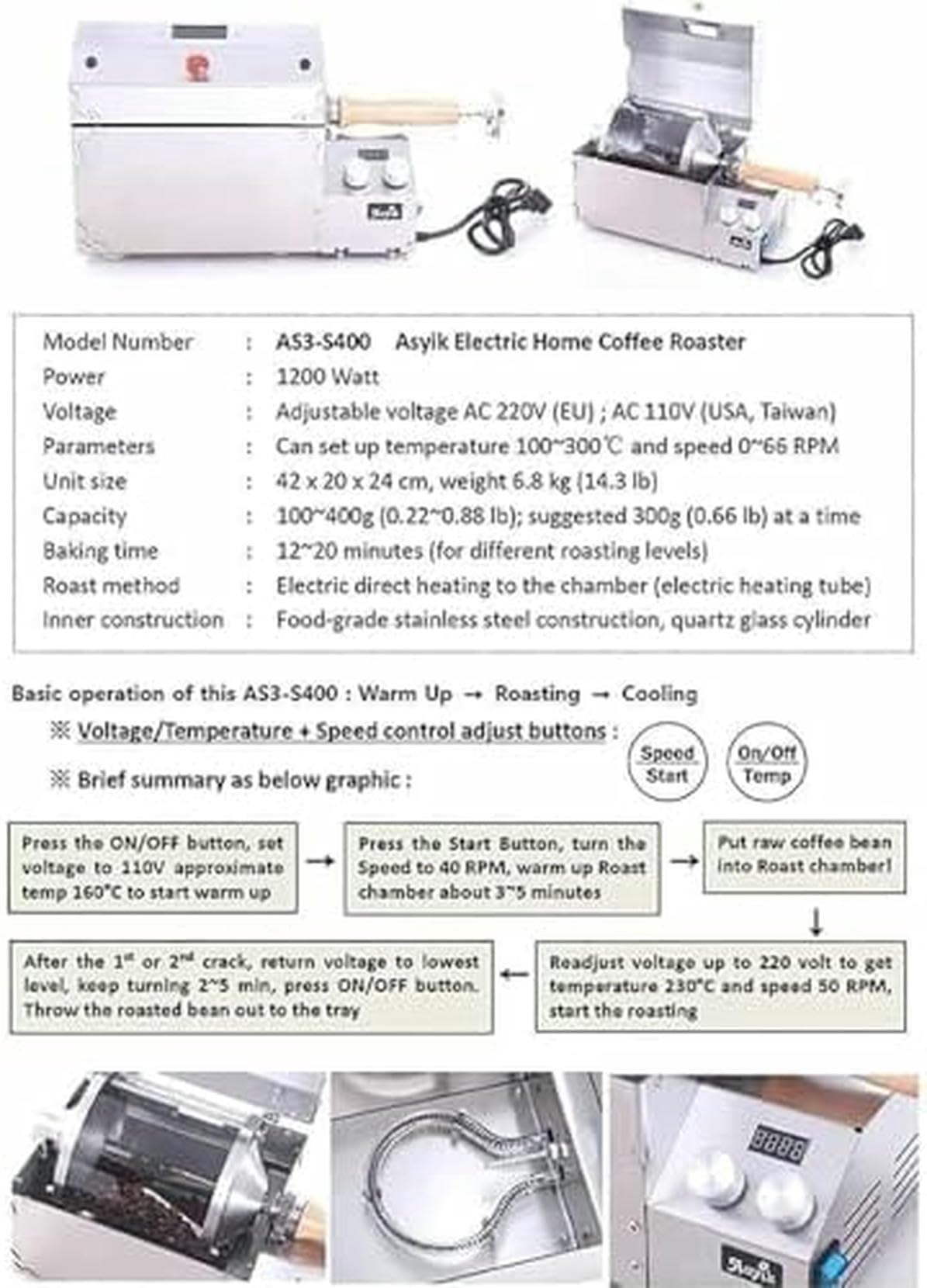 Tostadore Elettrico per caffè, 1200W, Termometro, Tamburo di Vetro al Quarzo, Temperatura E velocità Regolabili per Tostare caffè E Arachidi