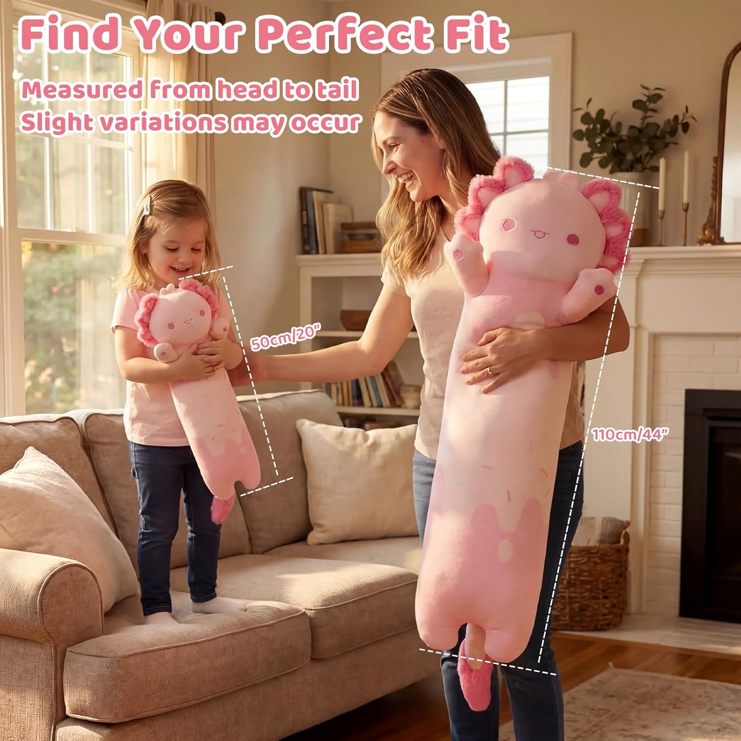 Mewaii Long Axolotl Plush 5 Sizes, 120% Extra Filling Giant Plushness Kids Body Pillow, Kawaii Cute Pink Axolotl Stuffed Animals Plushies, Big Long Body Pillow Cat Plush Gift for Girls 44”