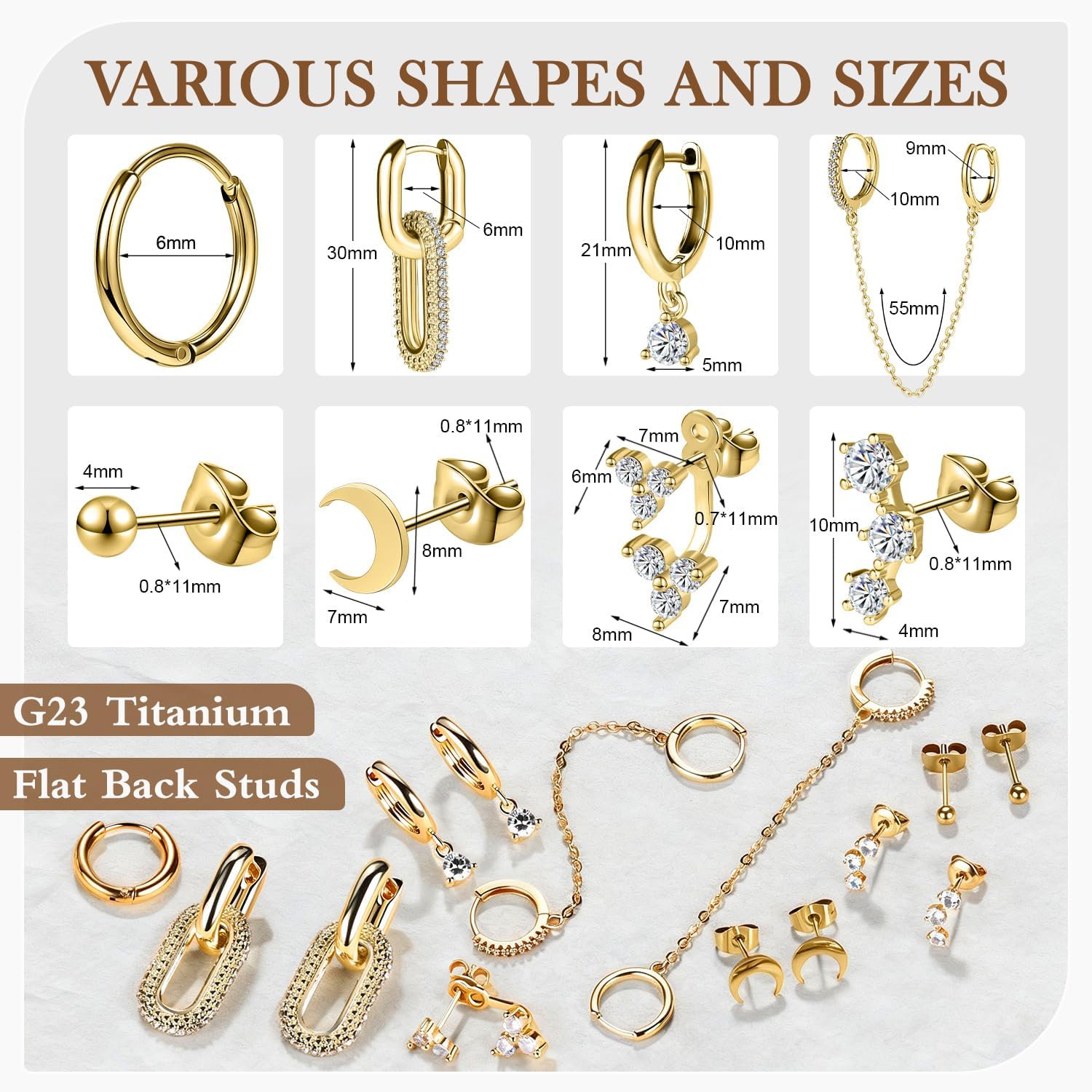 AOEDEJ 8Pairs 14K Gold Plated Hoop Stud Earring Stacks for Women Chain Cartilage Earrings Hypoallergenic Silver Huggie Earrings Sets for Multiple Piercing Jewelry - Image 6