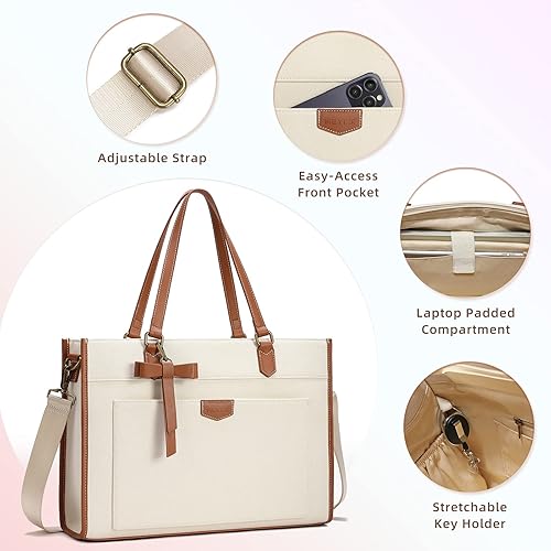 Miniatura 6 de Keyli 3 piezas Bolsa para Laptop para Mujeres, 15.6 Pulgadas Bolsa de Lona Tote Bolsas de Trabajo Grandes Maletín de Computadora de Negocios Bolso