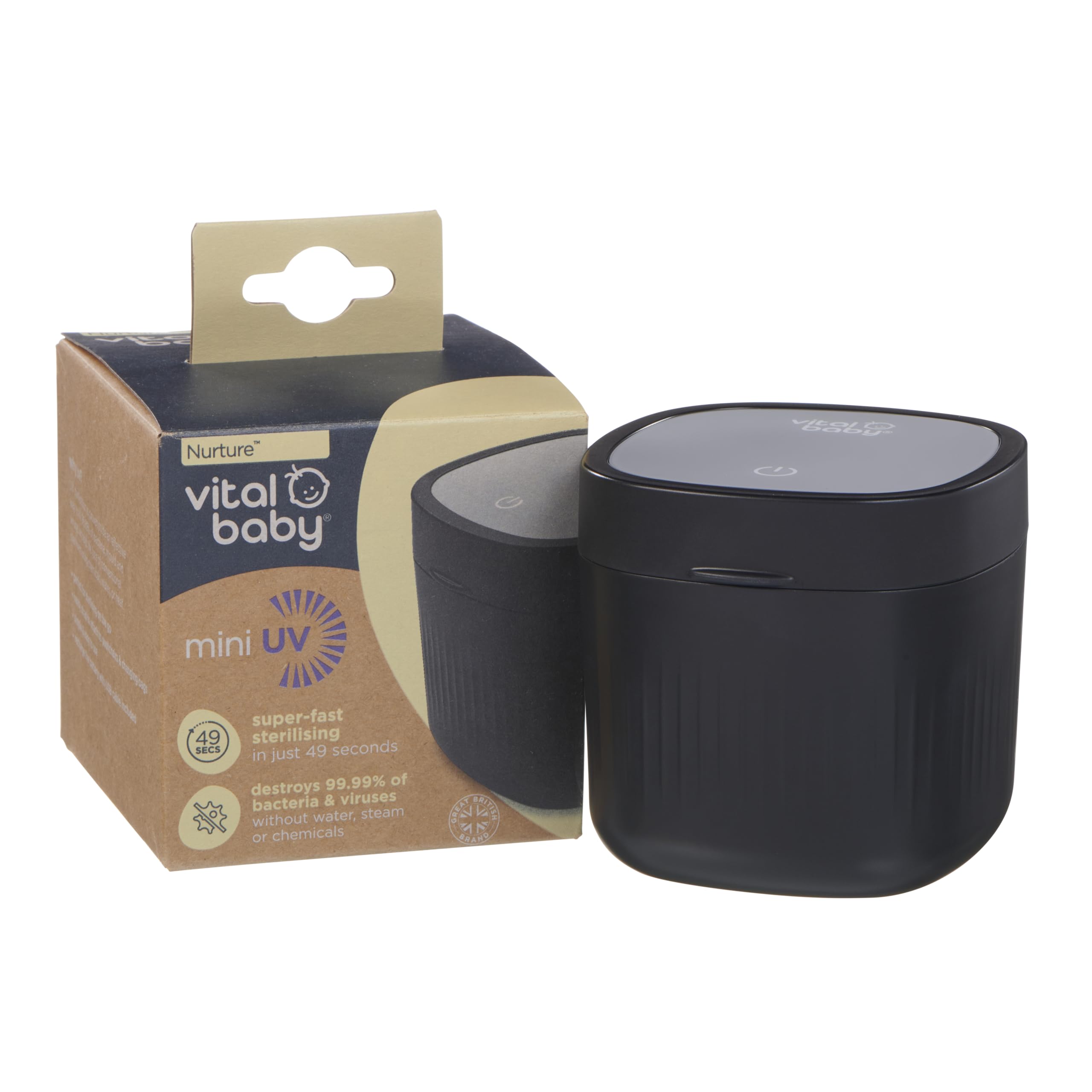 Vital Baby Nurture Mini sterilizzatore UV uccide il 99,99% dei germi in 49 secondi per succhietti, massaggiagengive, accessori portatili, ricaricabili, senza sostanze chimiche, onice nero