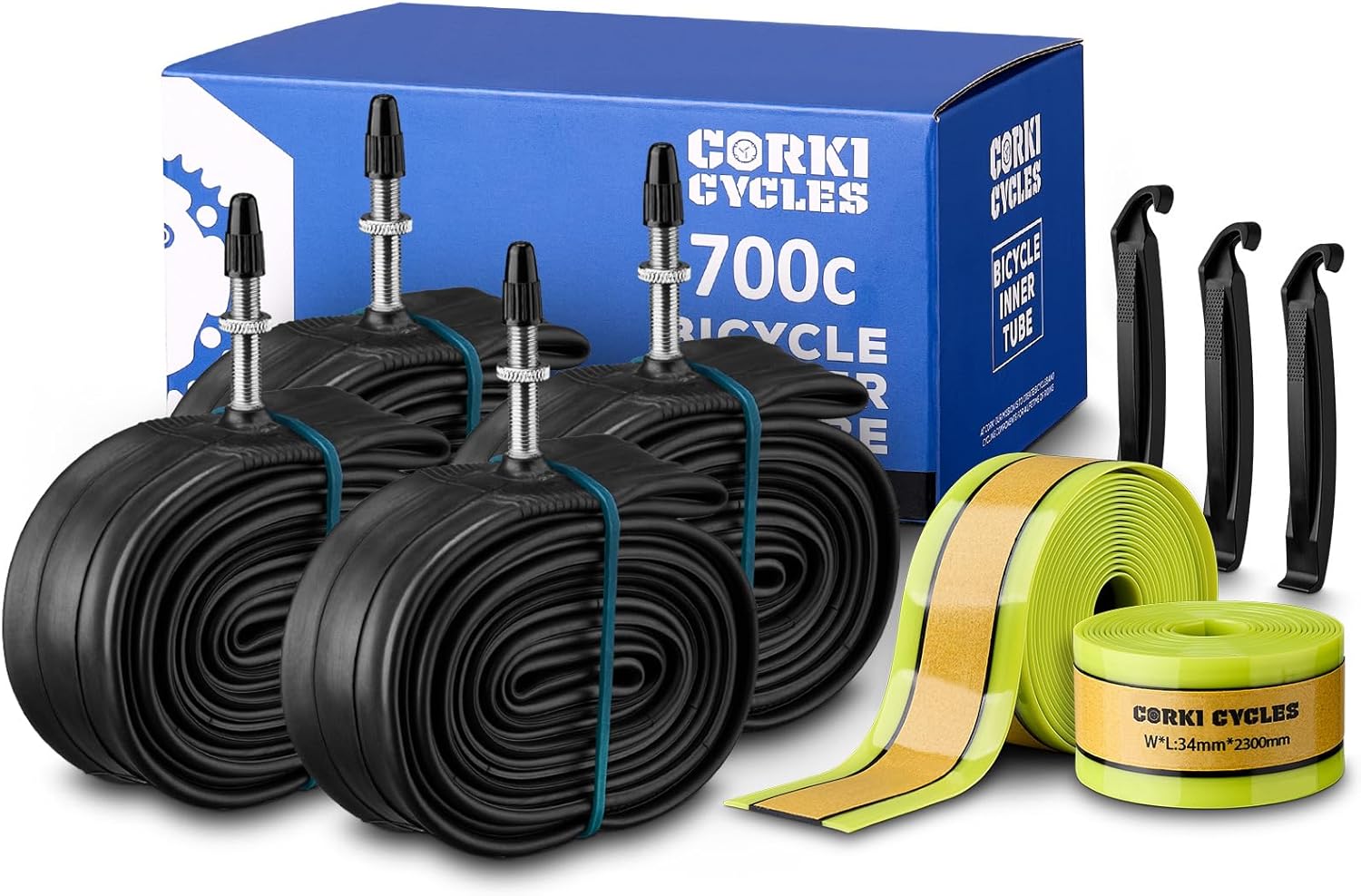 4-Pack 700 x 28-32c Bike Inner Tubes Presta Valve 48mm wtih 1 Pair Bicycle Flat Protectors 34mm