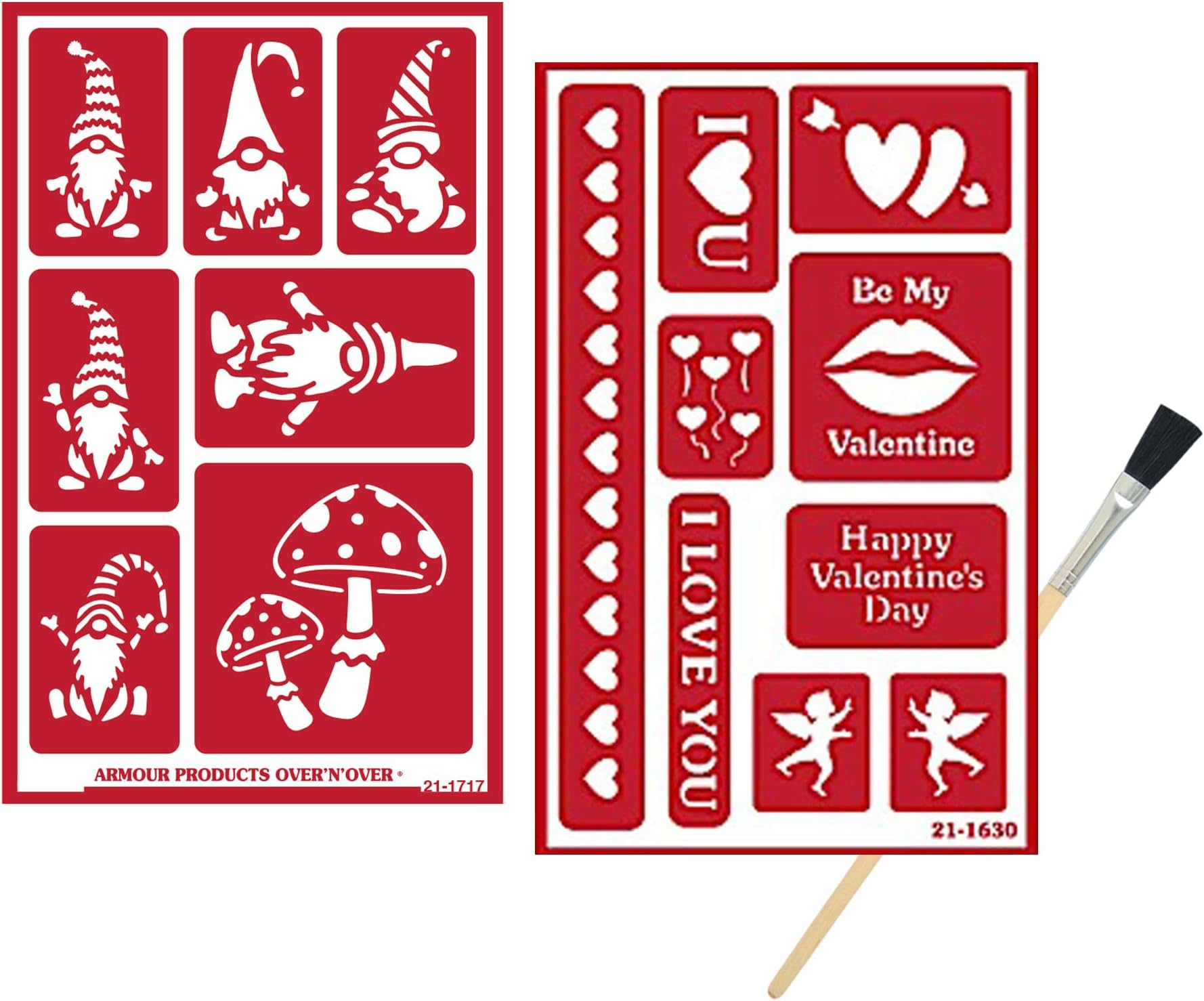 2 Armour Etch Over N Over Reusable Glass Etching Stencils - Gnome and Hearts Themed Stencil | Romantic, Cupid, Love Theme Design | Set Includes Brush