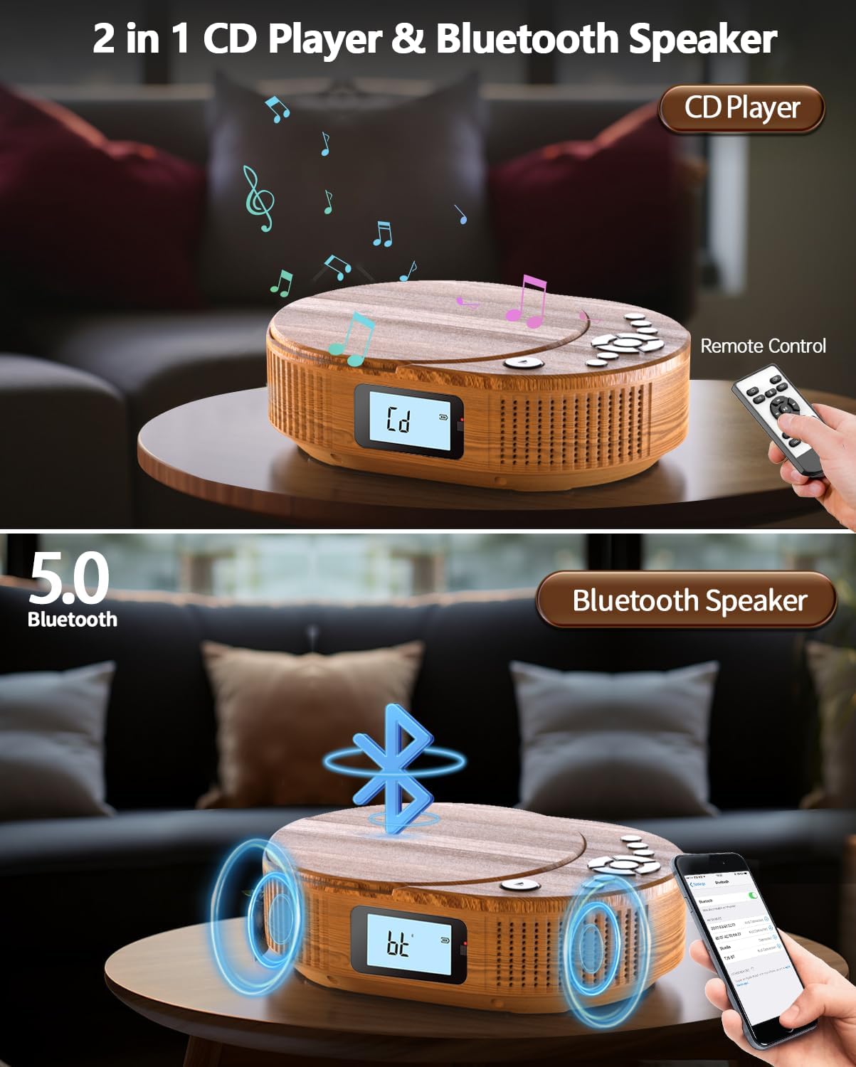 CD Player Portable, FELEMAN Upgraded Portable CD Player & Bluetooth Speaker 2 in 1 Combo, Rechargeable Boombox CD Players for Car/Home with Remote Control, FM Radio, Support AUX/USB, Headphone Jack