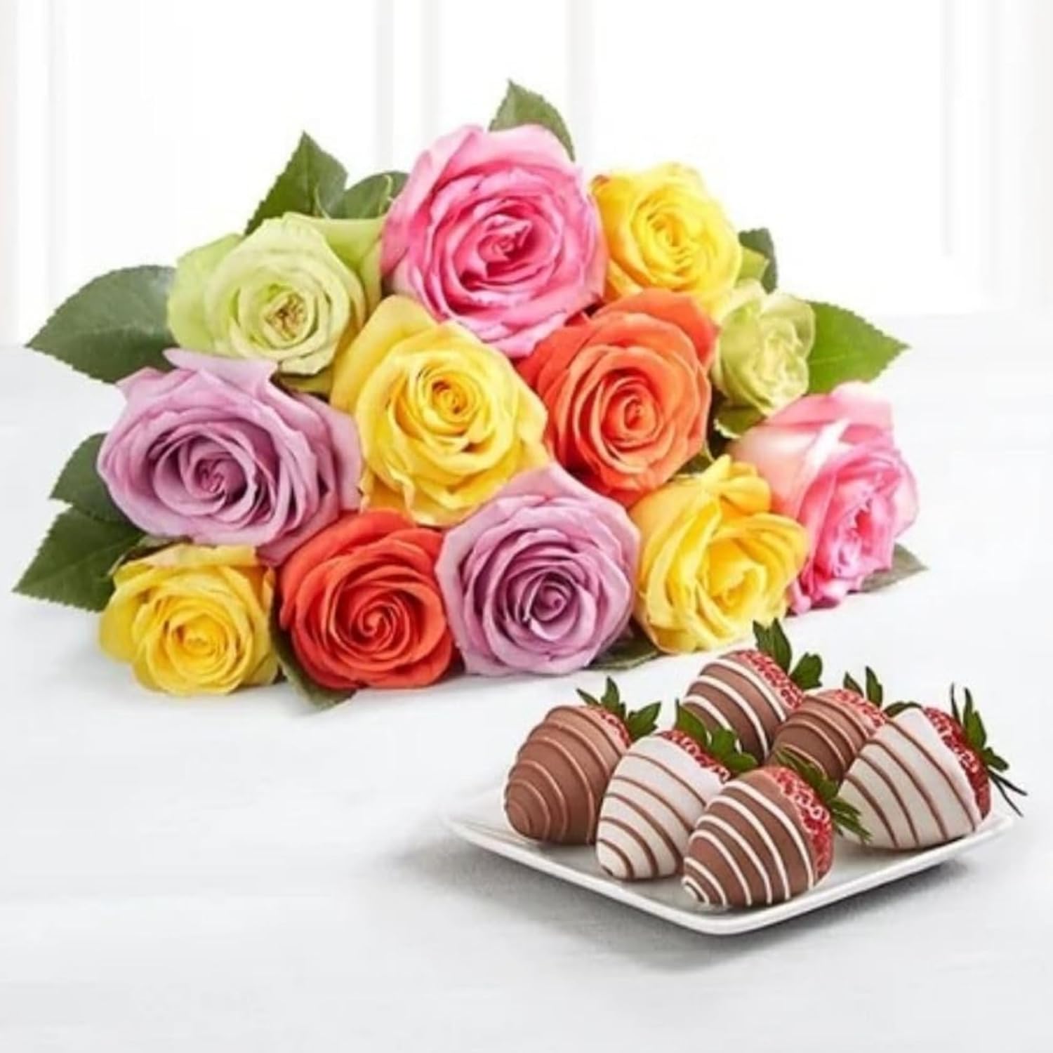 Shari’s Berries 24 Assorted Roses with Vase & 12 Gourmet Chocolate Covered Strawberries Gift Set| Flower & Chocolate Gift Delivery for Mother's Day, Anniversary, Birthday, & Thank You