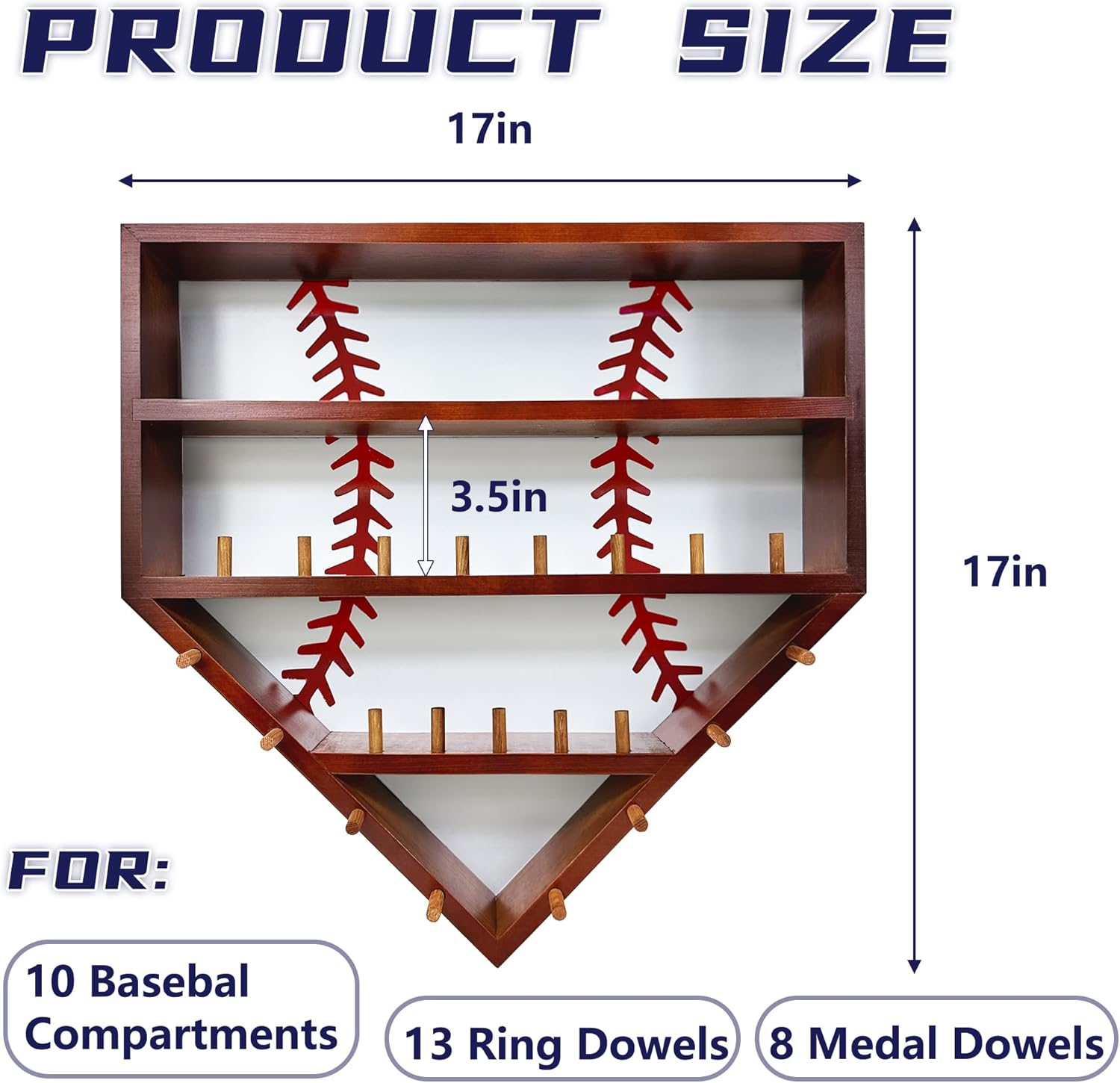 Baseball Ring Display Case, Wall Mount Baseball Display for Balls Wooden, Wooden Baseball Ring Holder with 13 Ring Posts for Balls, Medals, Trophies and Name Tags, Walnut