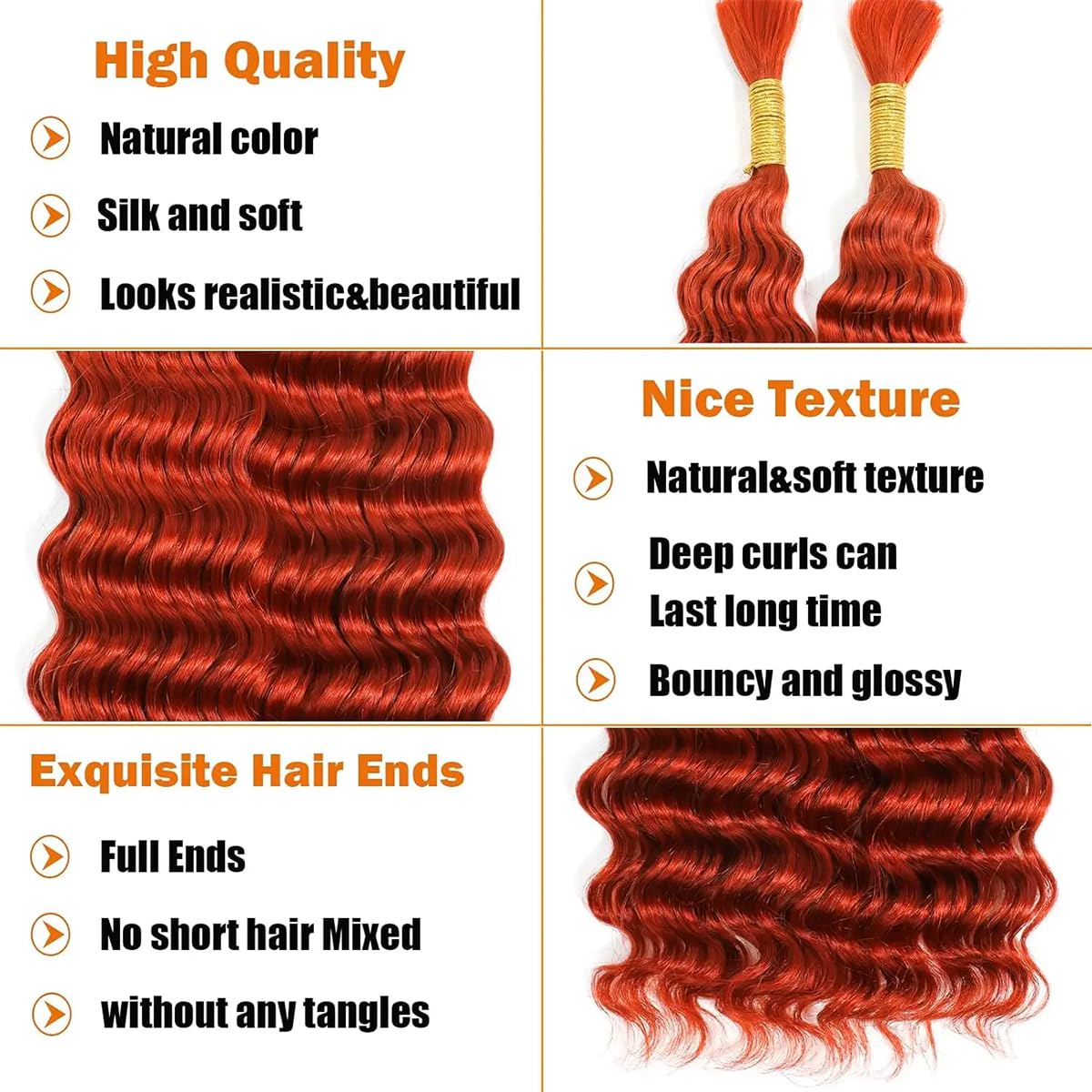 Ginger 350 100% Human Braiding Hair for Boho Braids Bohemian Knotless Wet and Wavy Deep Wave Curly Curls Bulk Human Hair No Weft 2 Bundles 100g 18 Inch