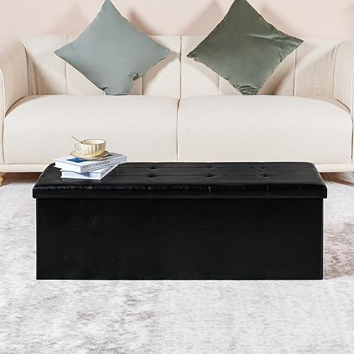 Miniatura 7 de PINPLUS Banco Otomán de Almacenamiento Plegable, Baúl Largo de Cuero Sintético Negro con Bandeja, Asiento Reposapiés, Almacenamiento de Mantas para