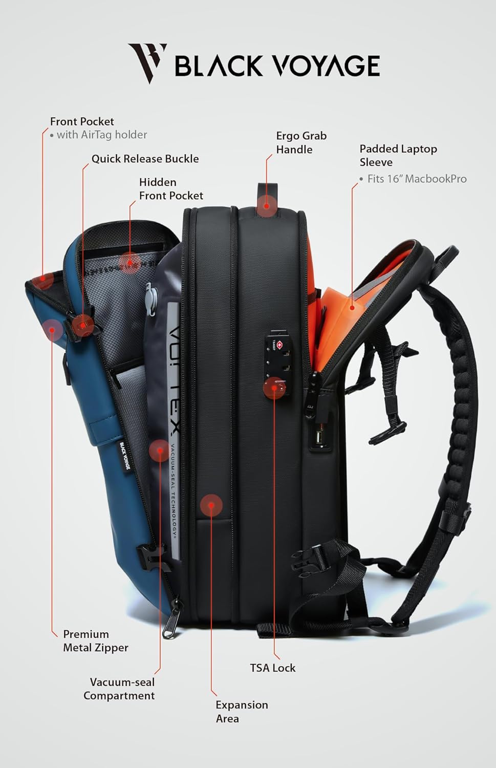 BlackVoyage Vortex Vacuum Seal Travel Backpack 60L Expandable Air Compression System Water Resistant TSA Lock Carry-On Suitcase Luggage Blue AERO - Vacuum Pump Included - Image 4