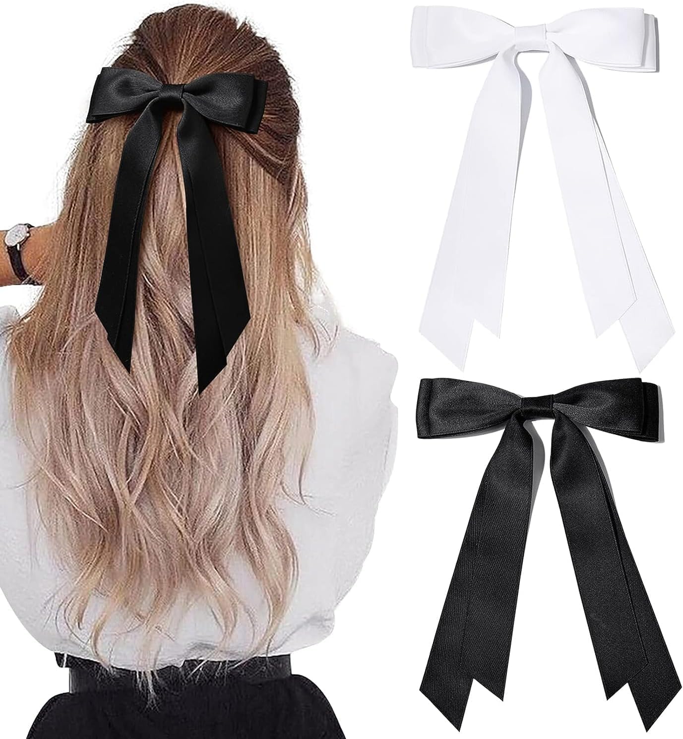 2PCS Silky Satin Hair Bows Clip Hair Ribbon Ponytail Holder Accessories Slides Metal Clips Bow for Women Girls Toddlers Teens Kids (Black+White, S)