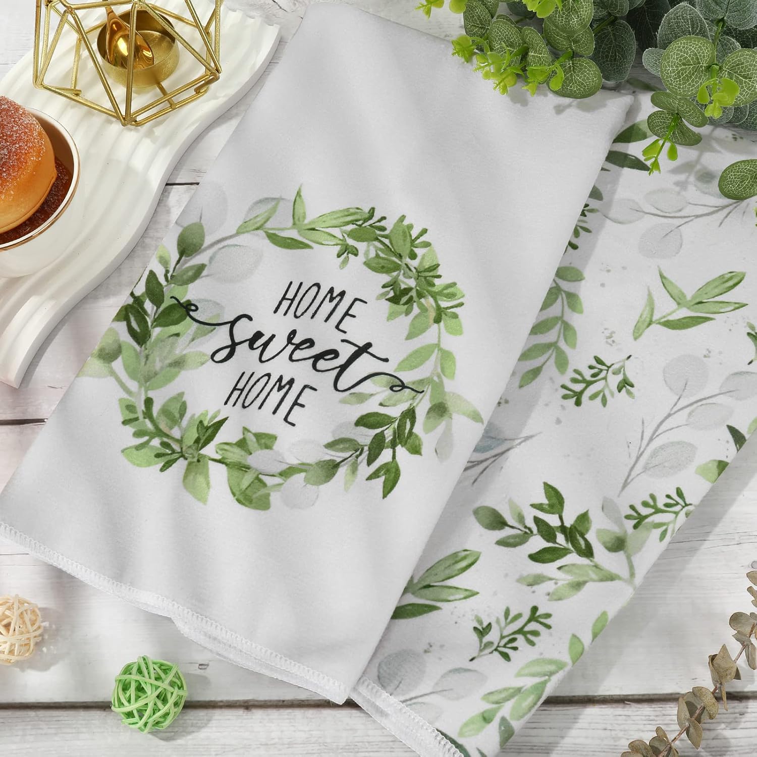 Whaline Greenery Kitchen Towel 18 x 28 Inch Watercolor Green Leaves Dish Towel Home Sweet Home Eucalyptus Hand Drying Tea Towels for Spring Summer Baking Cooking Cleaning Party Supplies, 2Pcs image 4