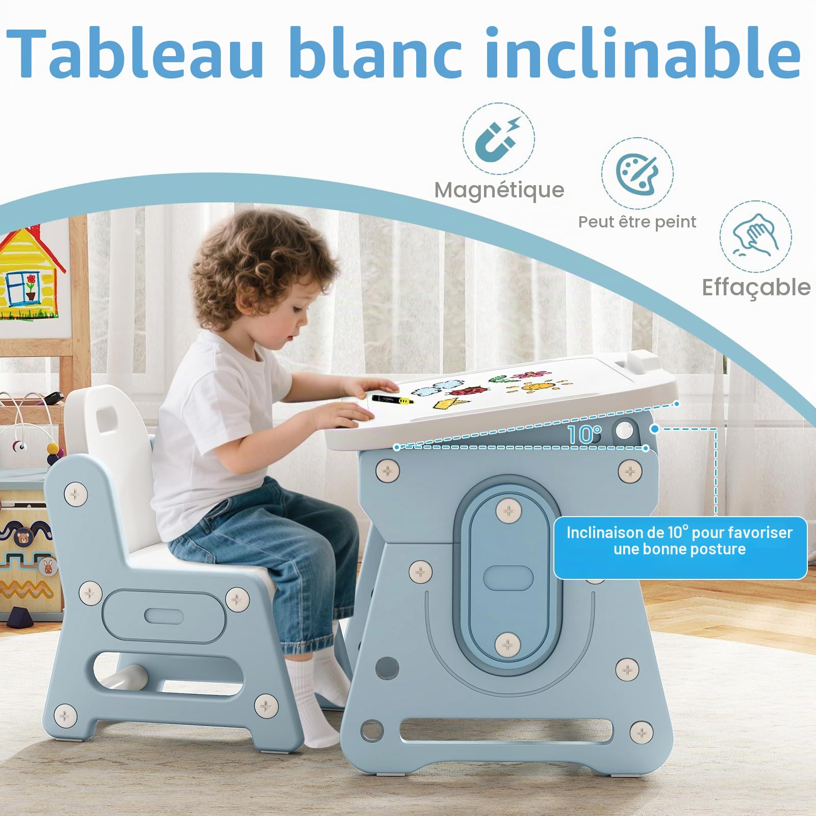LIFEZEAL 4 en 1 Ensemble Table et Chaises pour Enfants, Table à Dessin avec Tableau Blanc Magnétique et Chaise Ergonomique, Bureau Réglable et Inclinable avec Pieds Antidérapants pour 3+ Ans (Bleu)